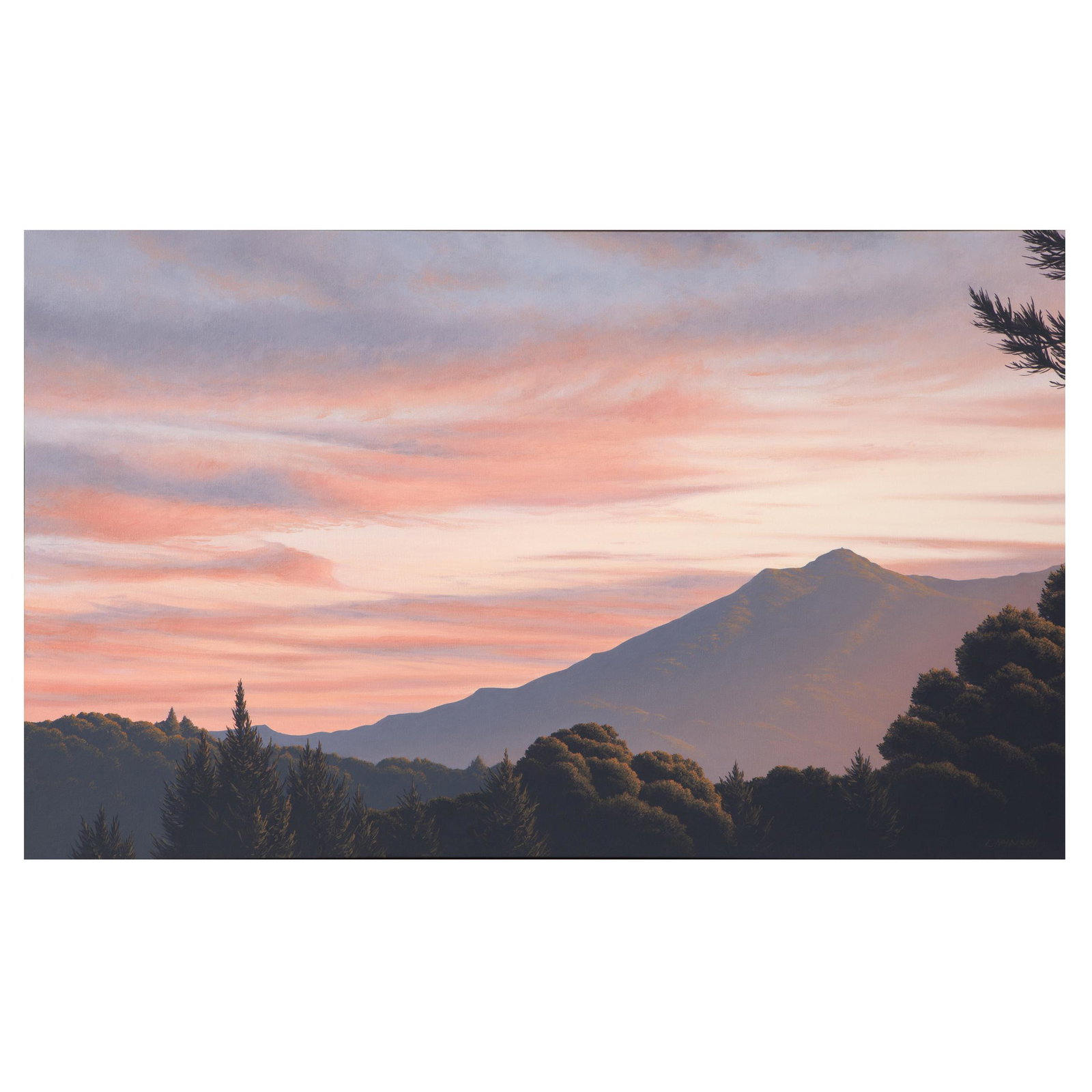 Kathleen Lipinski, Mt. Tamalpais at Sunset: Kathleen Lipinski (American, b. 1950). Mt. Tamalpais at Sunset. Oil on canvas. Signed 'Lipinski' lower right. Measures 23 in. high x 38 in. wide (with frame 24 in. high x 39 in. wide). Condition: In
