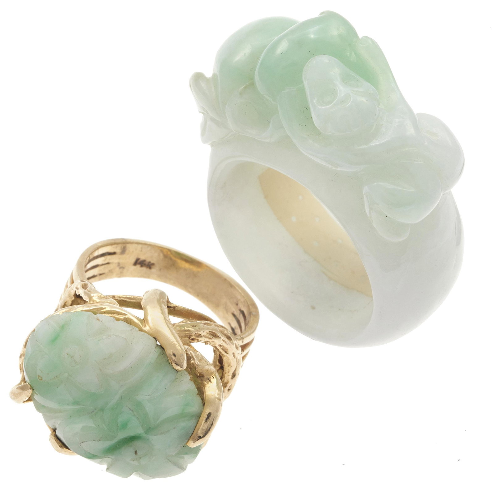 Collection of Two Carved Jadeite, 14k Rings: Including one oval jadeite plaque carved in a foliate motif, set in a textured 14k yellow gold ring mounting, size 6; together with a carved jade ring depicting a frog with gourds, size 9. Gross weig