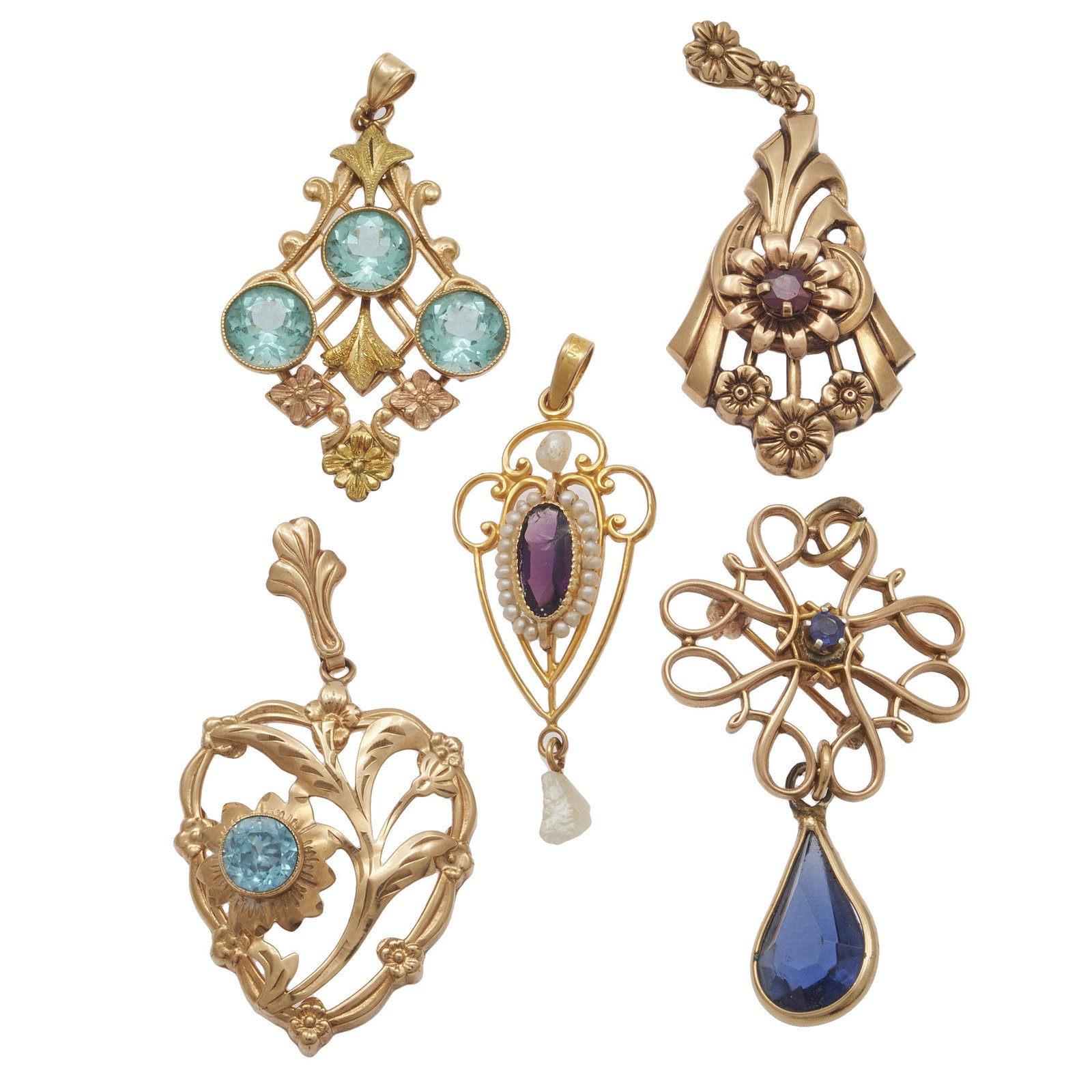 Collection of Five Vintage 10k Pin Pendants: Including one pendant centering one oval-cut amethyst cabochon accented by seed pearls, topped with and terminating to a baroque pearl, set in a 10k mounting measuring approximately 38.5 x 14.3 mm; on