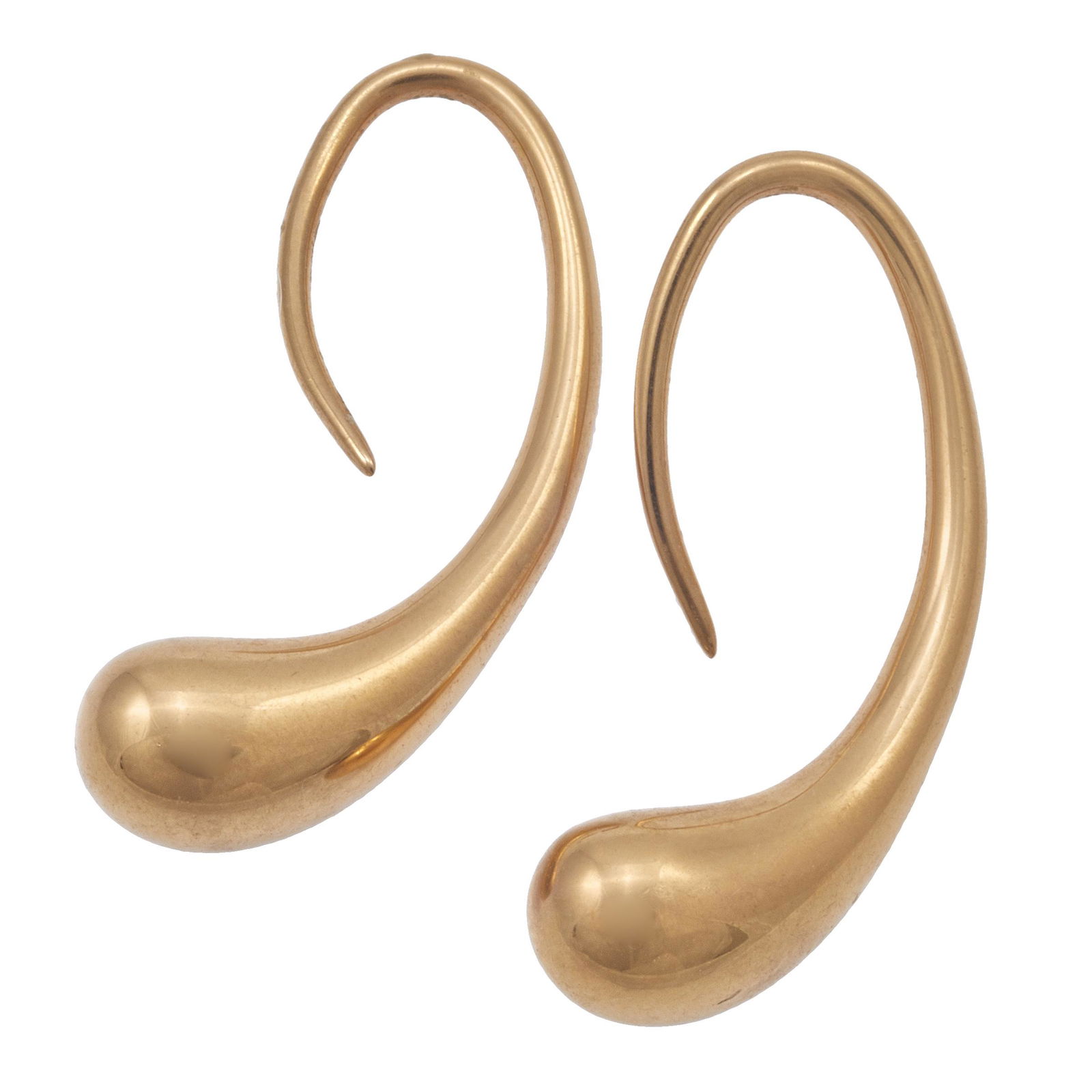 Pair of Tiffany & Co., Elsa Peretti 18k Yellow Gold: Each designed as a teardrop in 18k yellow gold, measuring approximately 27.3 x 6.7 mm. Gross weight: 9.2 grams. Accompanied by Tiffany & Co. pouch and box.