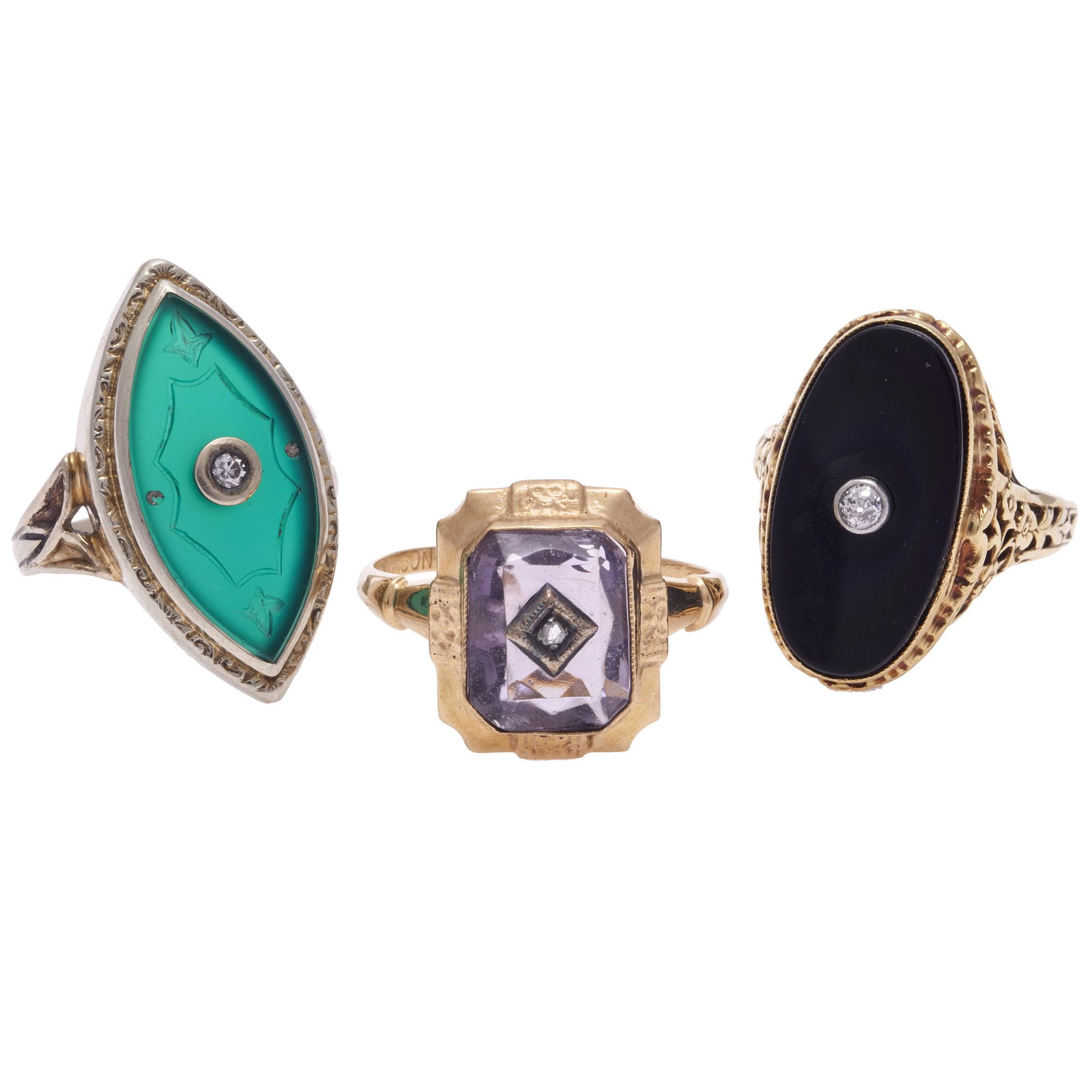 Collection of Three Art Deco Colored Stone, Diamond: Including one carved navette-shape green agate accented by one single-cut diamond weighing approximately 0.03 ct. set in in a 14k white gold ring mounting, size 5 1/2; one rectangle-cut glass accented