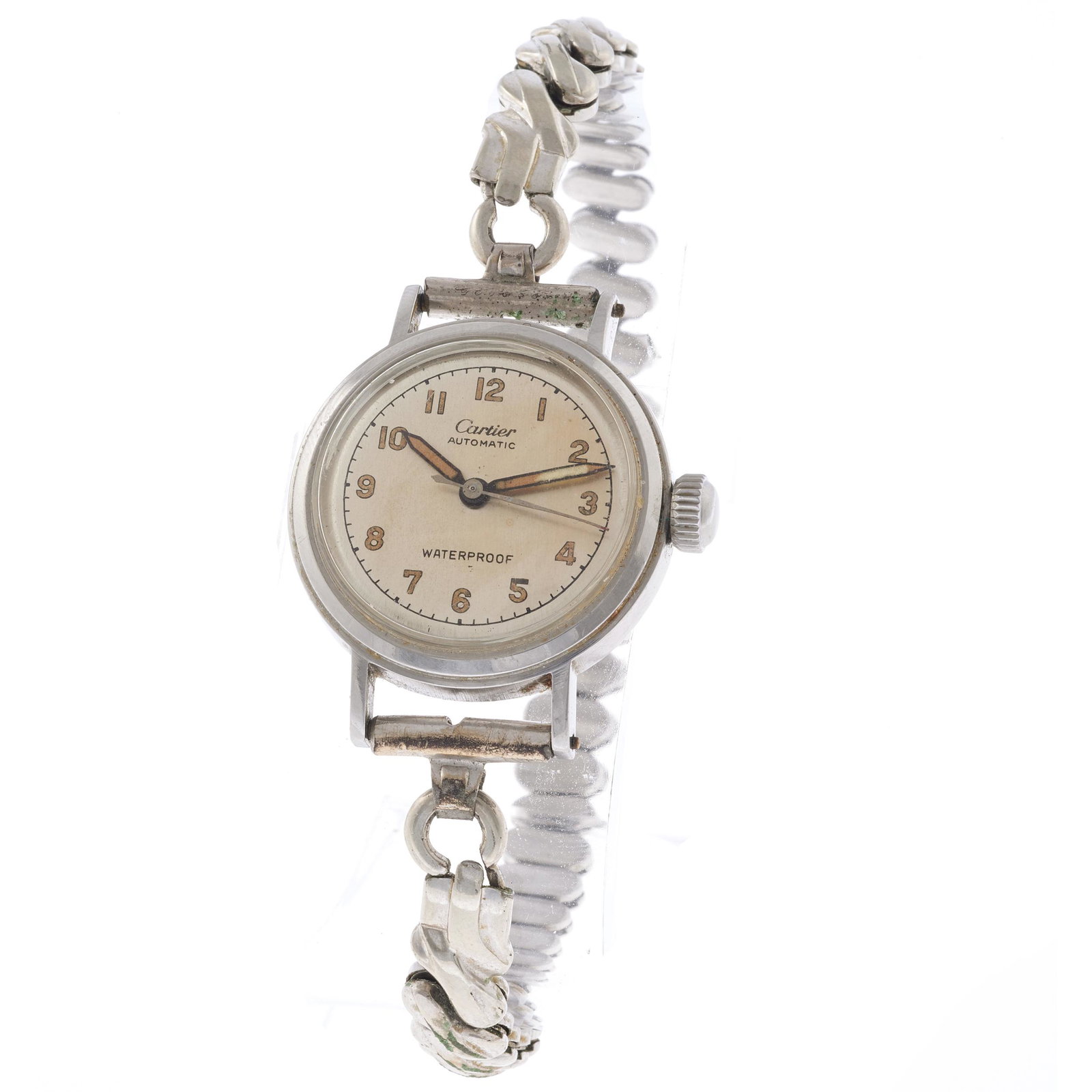 Cartier Stainless Steel Ladies Wristwatch: DIAL: Round, champagne, gold Arabic numerals, black outer minutes track, luminous baton hands, Cartier, Automatic, Waterproof. MOVEMENT: Automatic (case not opened). CASE: Round, stainless steel, scr