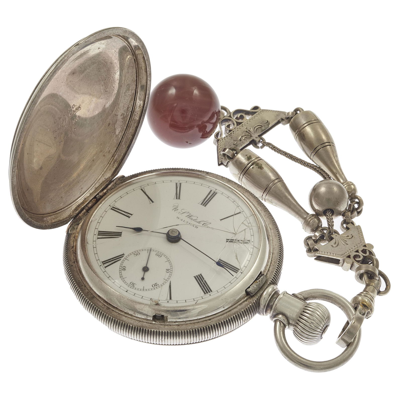 U.S. Watch Co. Sterling Silver Pocket Watch with Fob: DIAL: Round, white, black Roman numeral hour markers, black outer minutes track, blued spade hands, subsidiary dial at 6 o'clock, U.S. Watch Co., Waltham. MOVEMENT: Stem wind and set, #90981, U.S. Wat