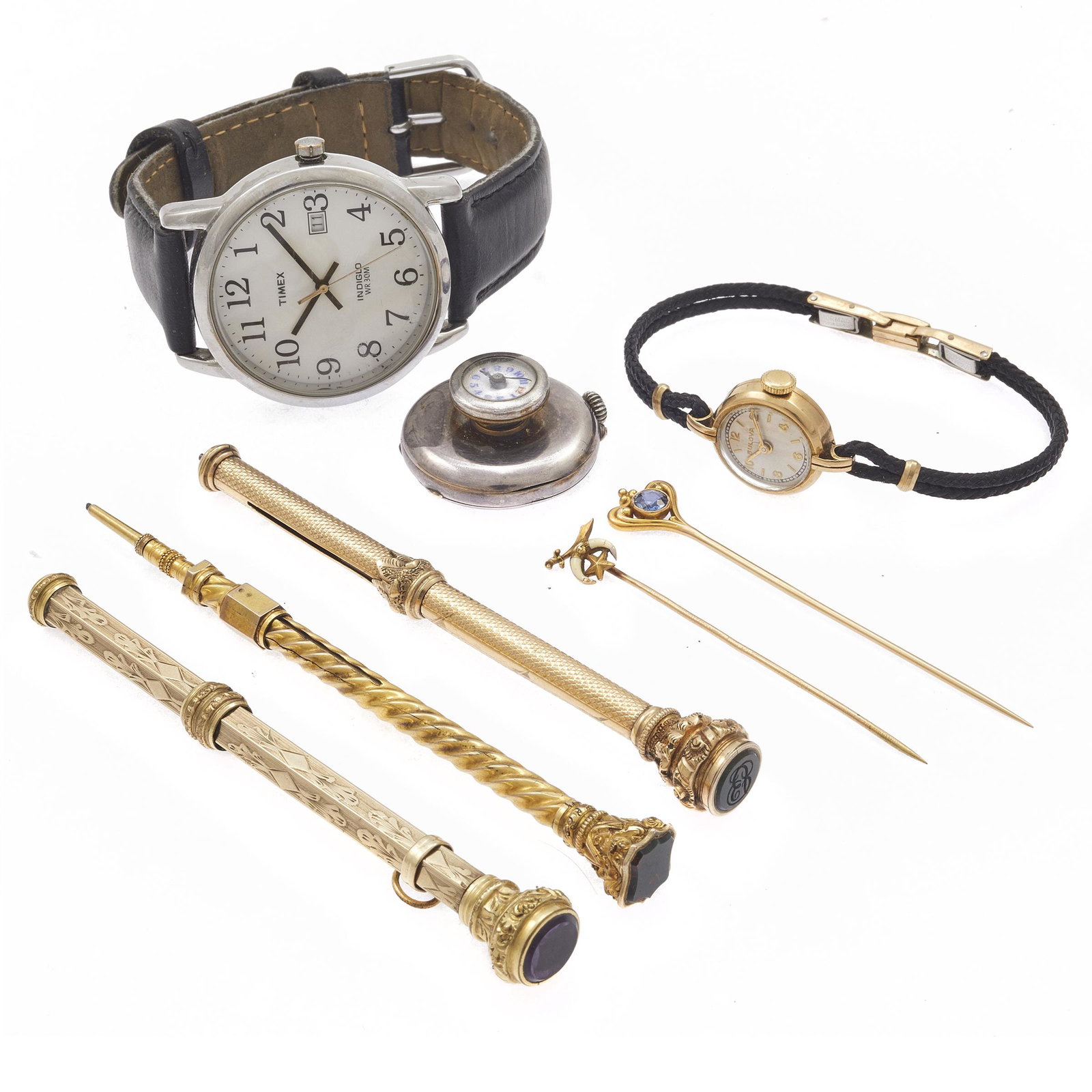 Collection of Watches, Pencils, and Stickpins: Including one ladies Bulova 14k yellow gold mechanical wristwatch; one gent's Timex Indiglo Easy Reader stainless steel wristwatch with leather strap; one sterling silver button watch; one 10k yellow