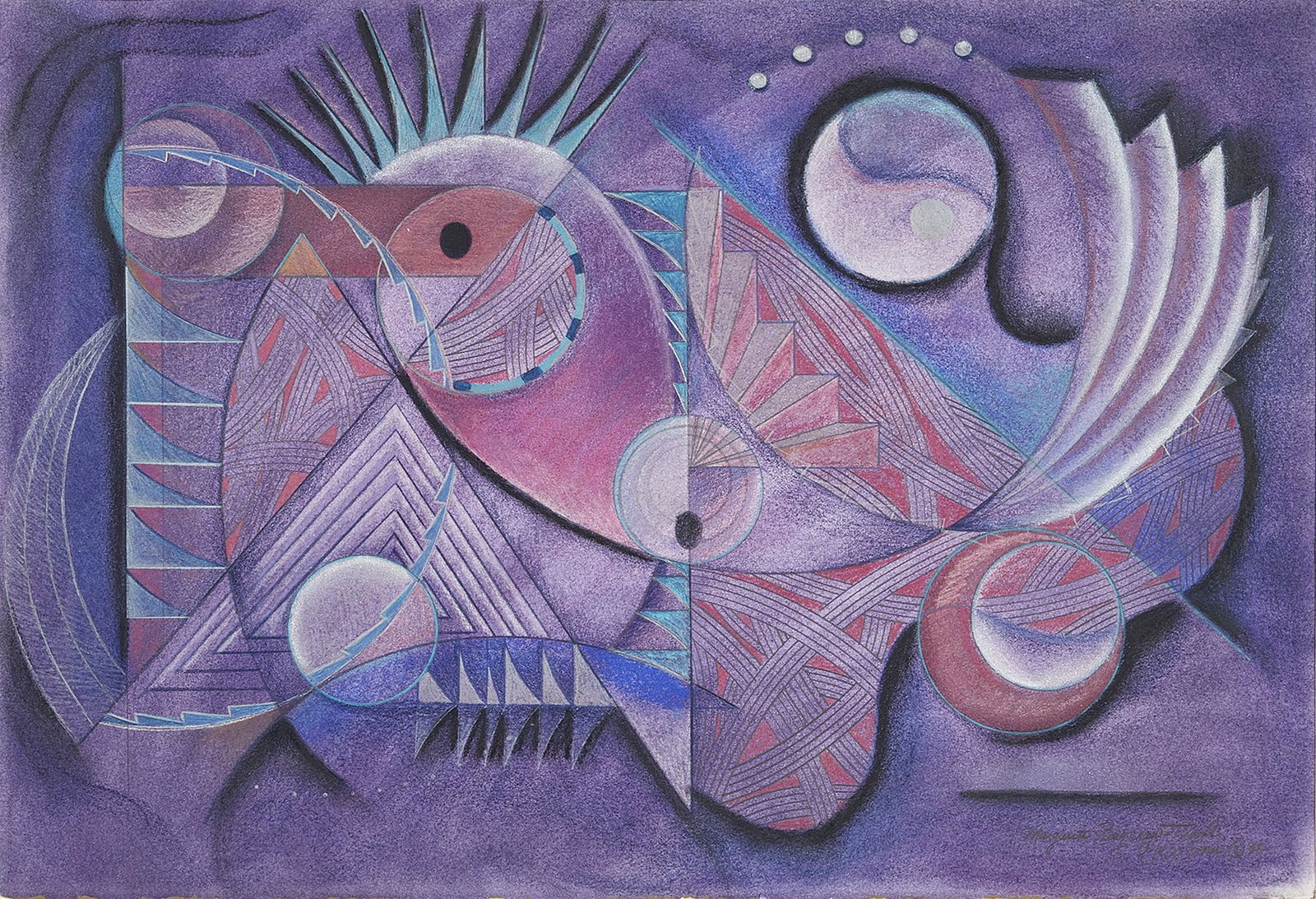 Margarete Bagshaw-Tindel, Southwest Abstract: Margarete Bagshaw-Tindel (American, 1964-2015). Southwest Abstract in Purple, 1997. Pastel on paper. Signed, dated and inscribed 'Margarete Bagshaw-Tindel O Je Qi Poui 97' lower right. Measures 15 in.