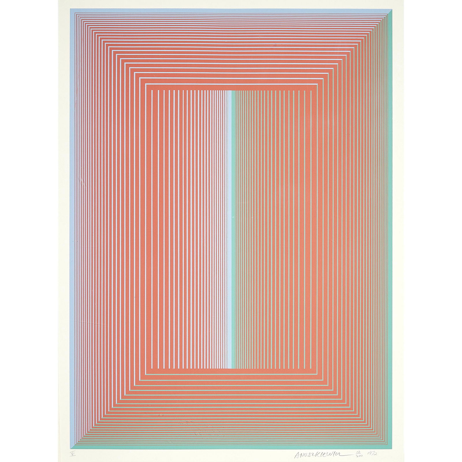 Richard Anuszkiewicz: Richard Anuszkiewicz (American, b. 1930). Pink with Green. Screenprint in colors on paper. Signed, dated and numbered 'Anuszkiewicz 10/200 1972' lower right and inscribed 'IV' lower left. Sight 27.5 i