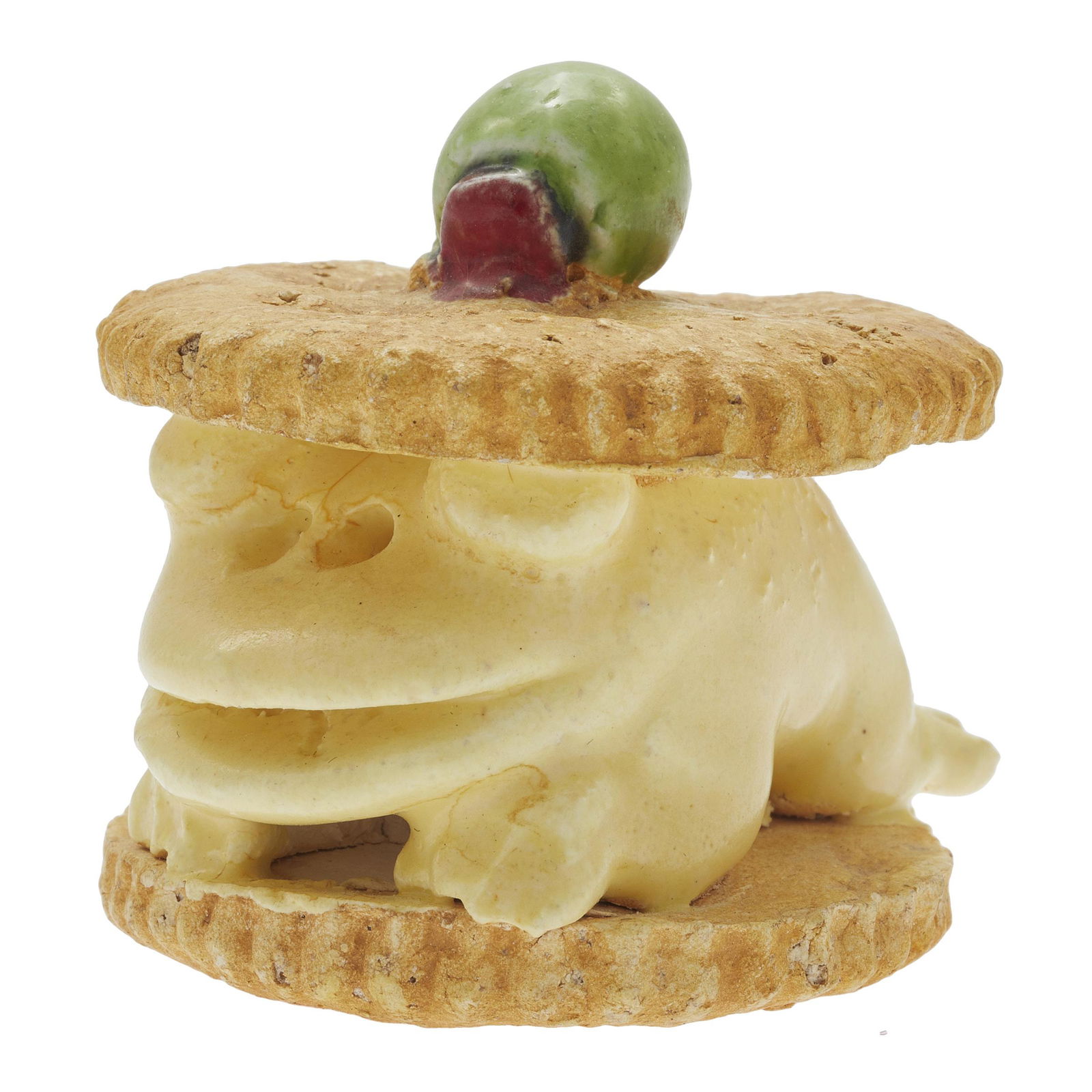 David James Gilhooly III, Cheez Whiz Frog on Ritz: David James Gilhooly III (American, 1943-2013). Cheez Whiz Frog on Ritz, 1980. Ceramic. Signed and dated 'Gilhooly 80' on the underside. Measures 2 in. high x 2 in. wide x 1.75 in. deep. Condition: In