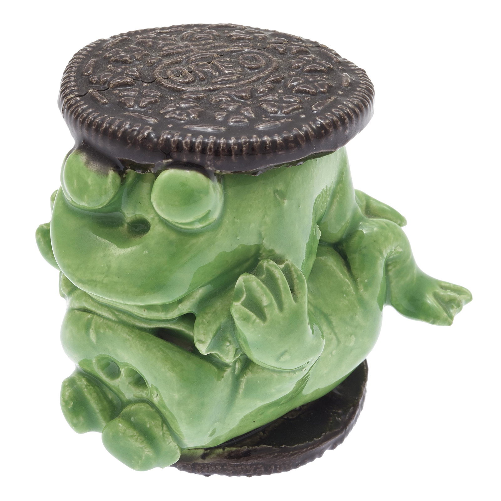 David James Gilhooly III, Oreo Cookie Frogs: David James Gilhooly III (American, 1943-2013). Oreo Cookie Frogs. Ceramic. Signed 'Gilhooly' on the underside. Measures 2.25 in. high x 2.5 in. wide x 1.75 in. deep. Condition: In good condition. T