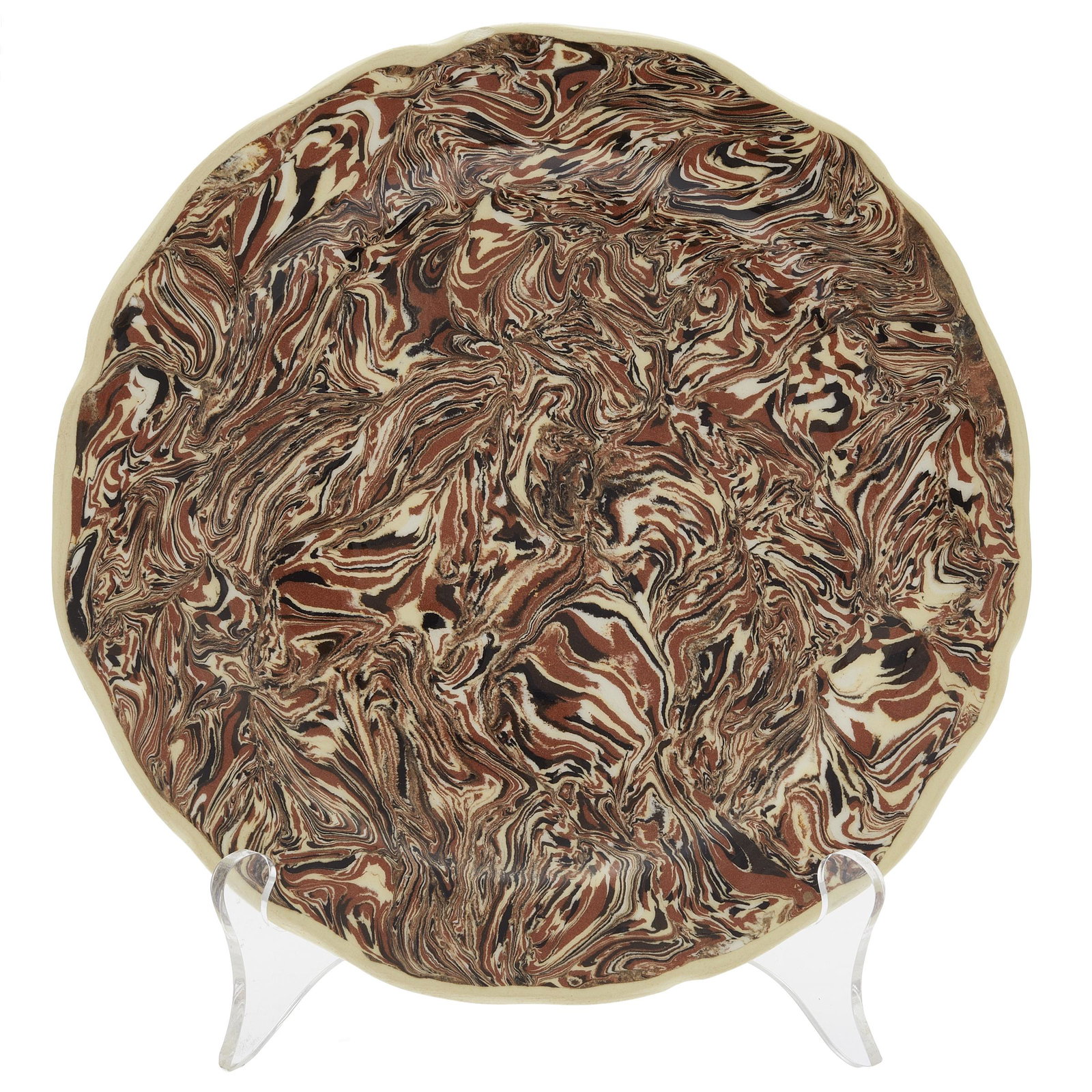 6 Atelier Bernard Brown Marbleized Aptware Plates: 6 Atelier Bernard Brown Marbleized Aptware Plates Diameter: 8 1/4" Marked: Bernard Condition: 5 of 6 plates are in excellent condition. One plate has a crack plate repair. Provance: From the James N