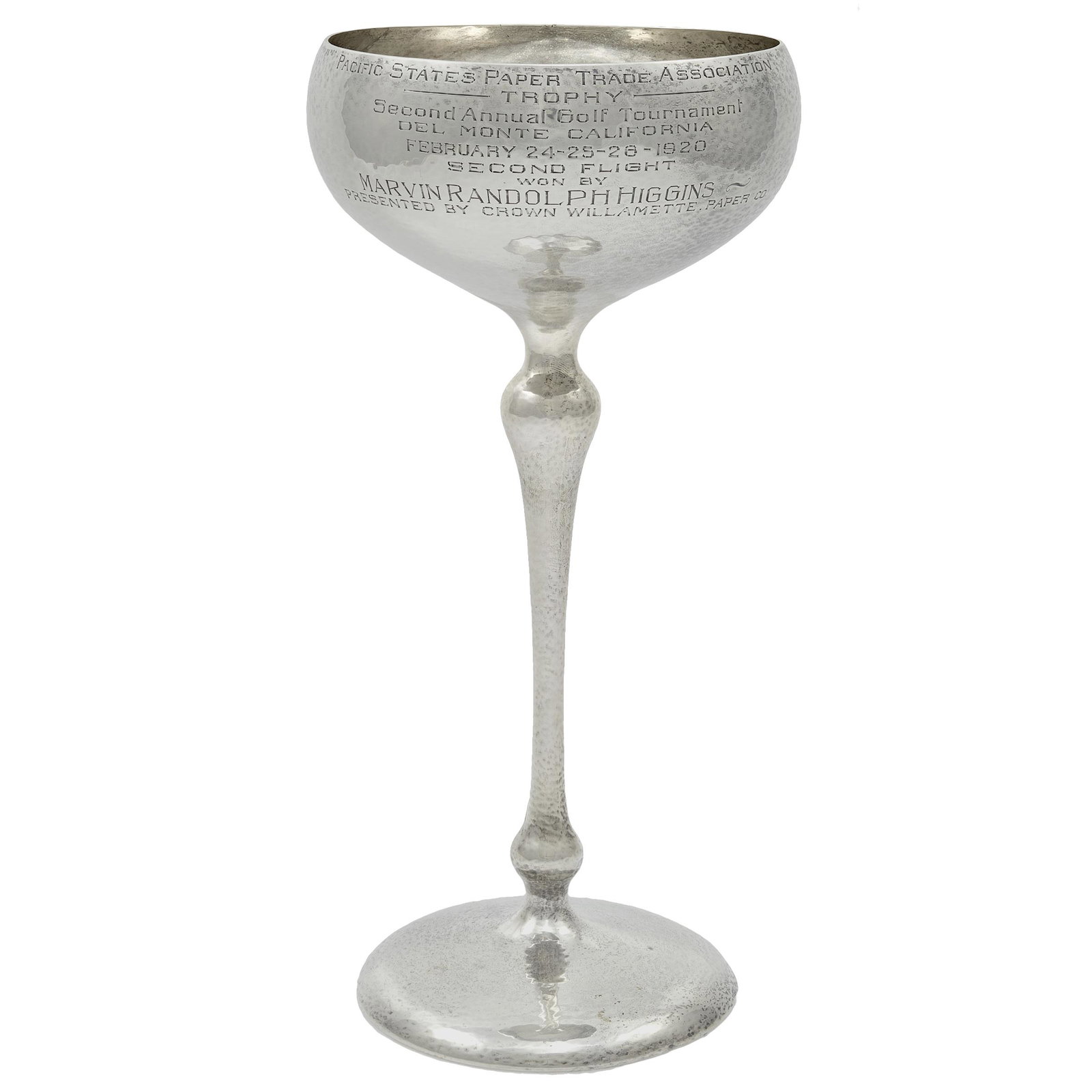 Shreve & Co. San Francisco Sterling Presentation Cup: The Art Deco design engraved "Pacific States Paper Trade Association Trophy...Golf Tournament, February 1920...Won by Marvin Randolph Higgens. Shreve & Co. Sterling San Francisco. Base loaded. 11 1/2 