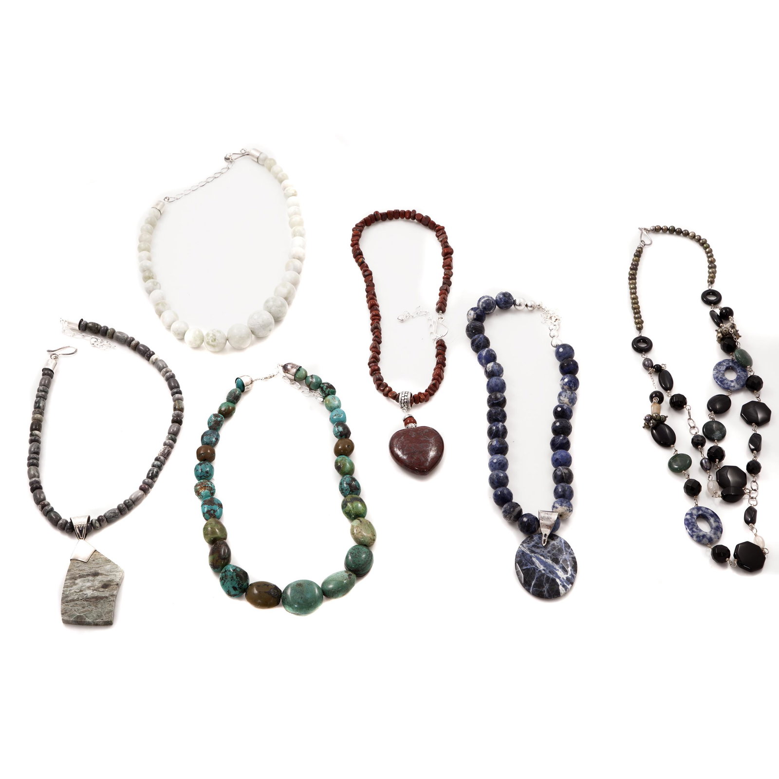 Group of Six Jay King Stone, Sterling Silver Necklaces: Including faceted sodalite beads suspending one oval sodalite pendant with sterling silver bail, completed by a lobster claw clasp with chain extender forming a 23 inch necklace; one double strand nec