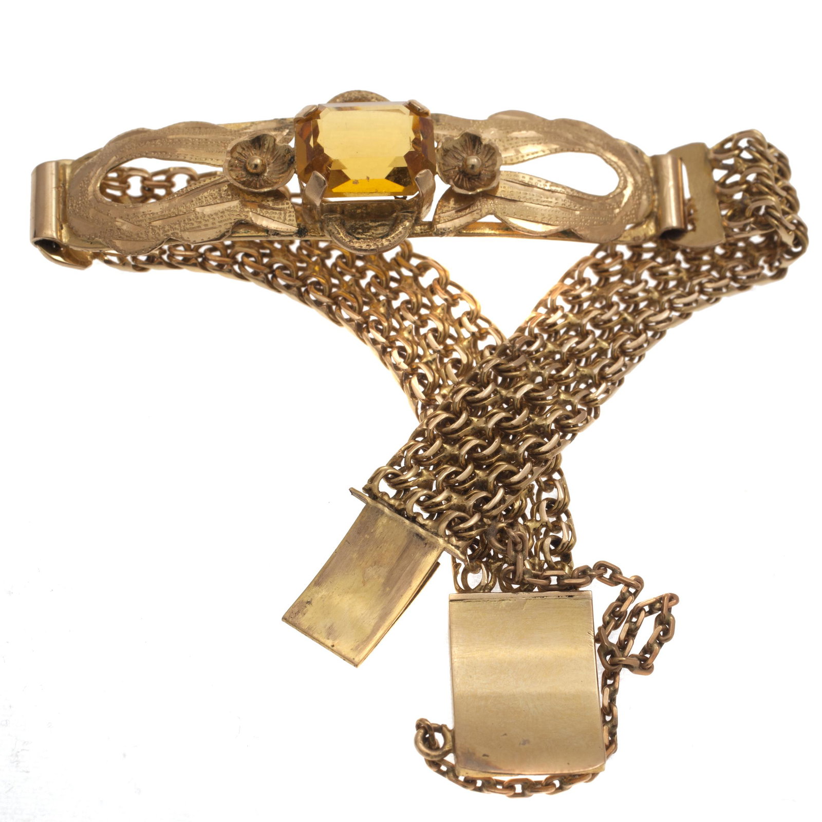 14k Rose Gold, Glass, Bracelet: Centering one rectangular-cut glass set in an engraved, foliate-motif panel measuring approximately 14.3 mm in width, joined by chain and completed by a tongue-and-groove box clasp with safety chain f