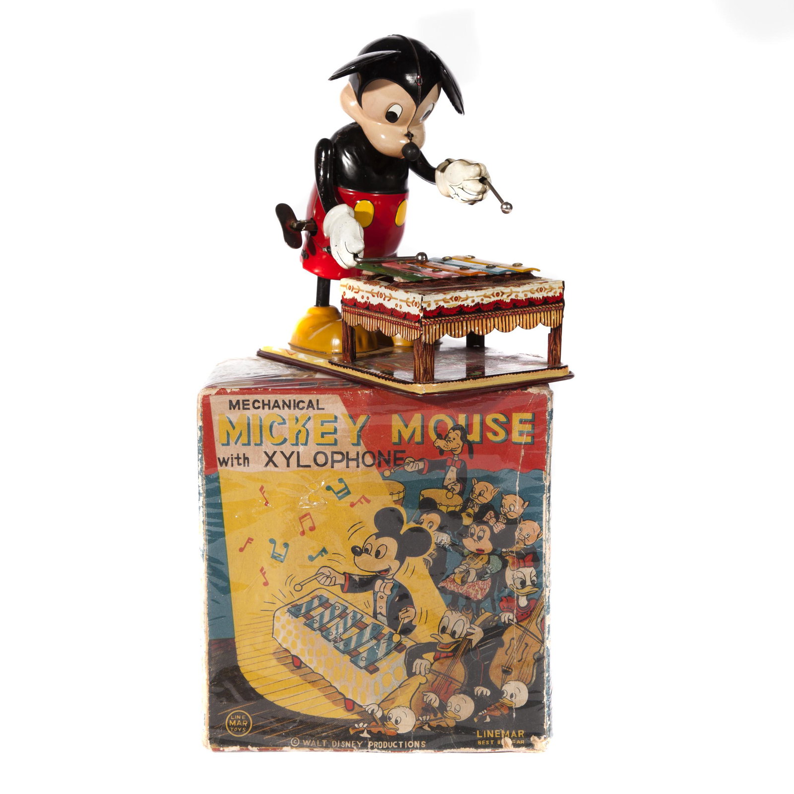 Mickey Mouse Xylophone Toy with Box: Mickey Mouse Line Mar Toys, Japan with original box 'Mechanical Mickey Mouse with Xylophone' J-840. Approximately 6in. H x 5 3/4in. L x 3 1/2in. W.Â In good to very good condition, shows some paint