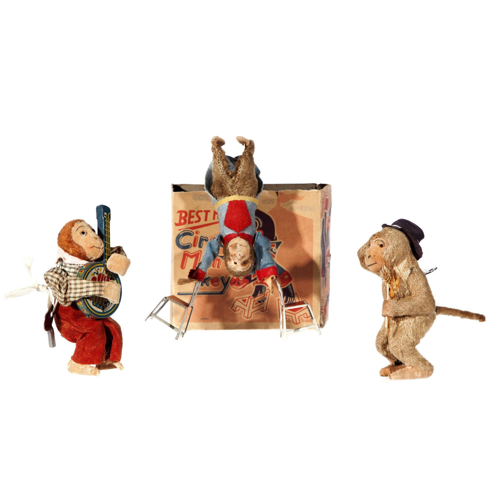 Group of Three Monkeys: Three wind up and fabric monkeys, Best Maid 'Circus Monkey' with chairs (comes with original box, Japan) another with banjo, and the third is tipping his hat, most likely made in Japan as well.Â 'Ci