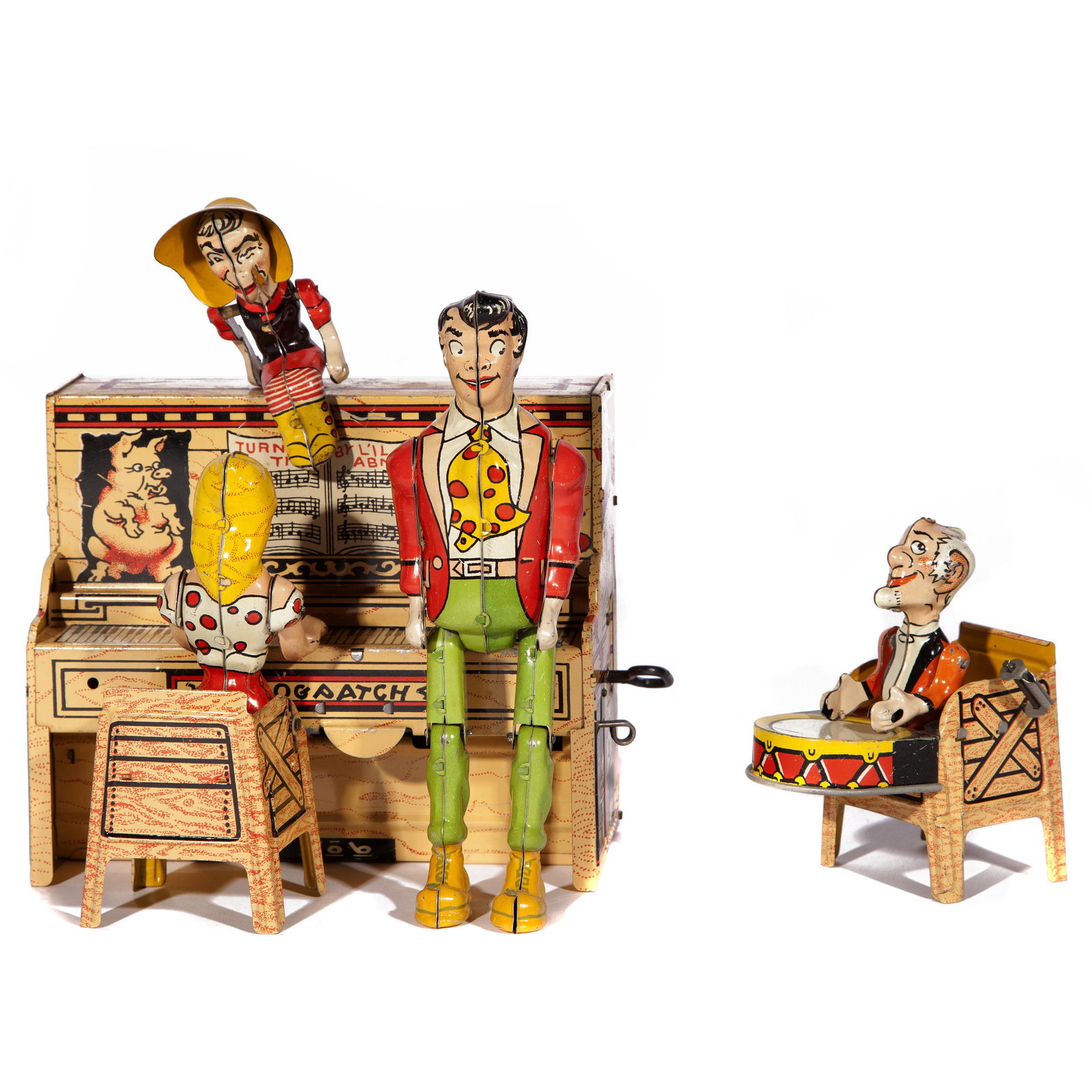 Lil Abner Pressed Steel Musical Band: Musical toy band 'Turnip Time by L'il Abner' and 'The Dogpatch 4' piano, Unique Art Manufacturing Co. Made in the U.S.A., piano with figures measures about 8 1/2in. H x 6 1/2in. L x 5in. W.Â item c
