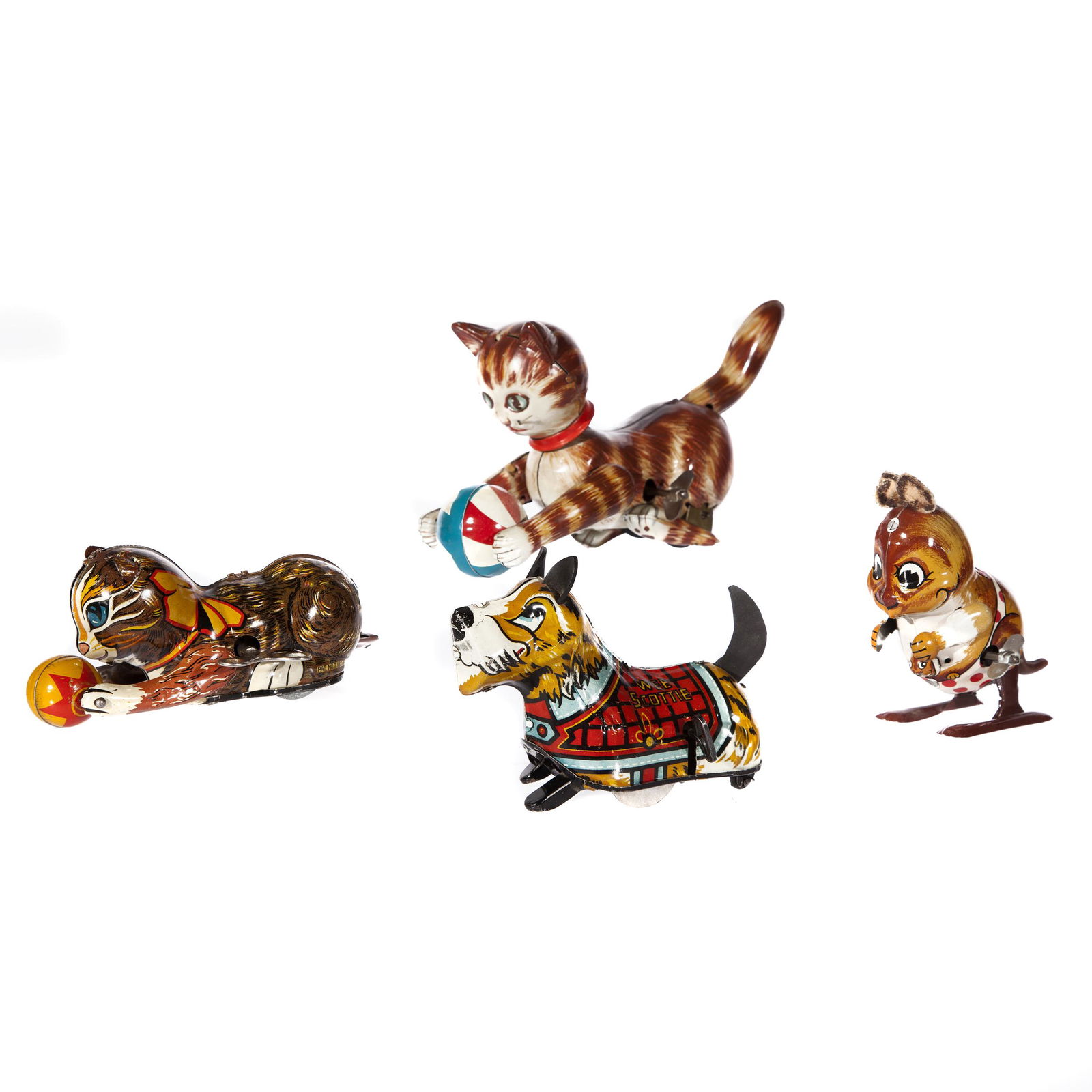 Various Wind-up Cat and Animal Toys: Four animal wind up toys, a kangaroo with felt ears and baby seen in pouch Inakita made in Japan, 'Wee Scottie' Dog with rubber ears and tail Marx, Small cat with bell Marx, and Large cat with Ball, T