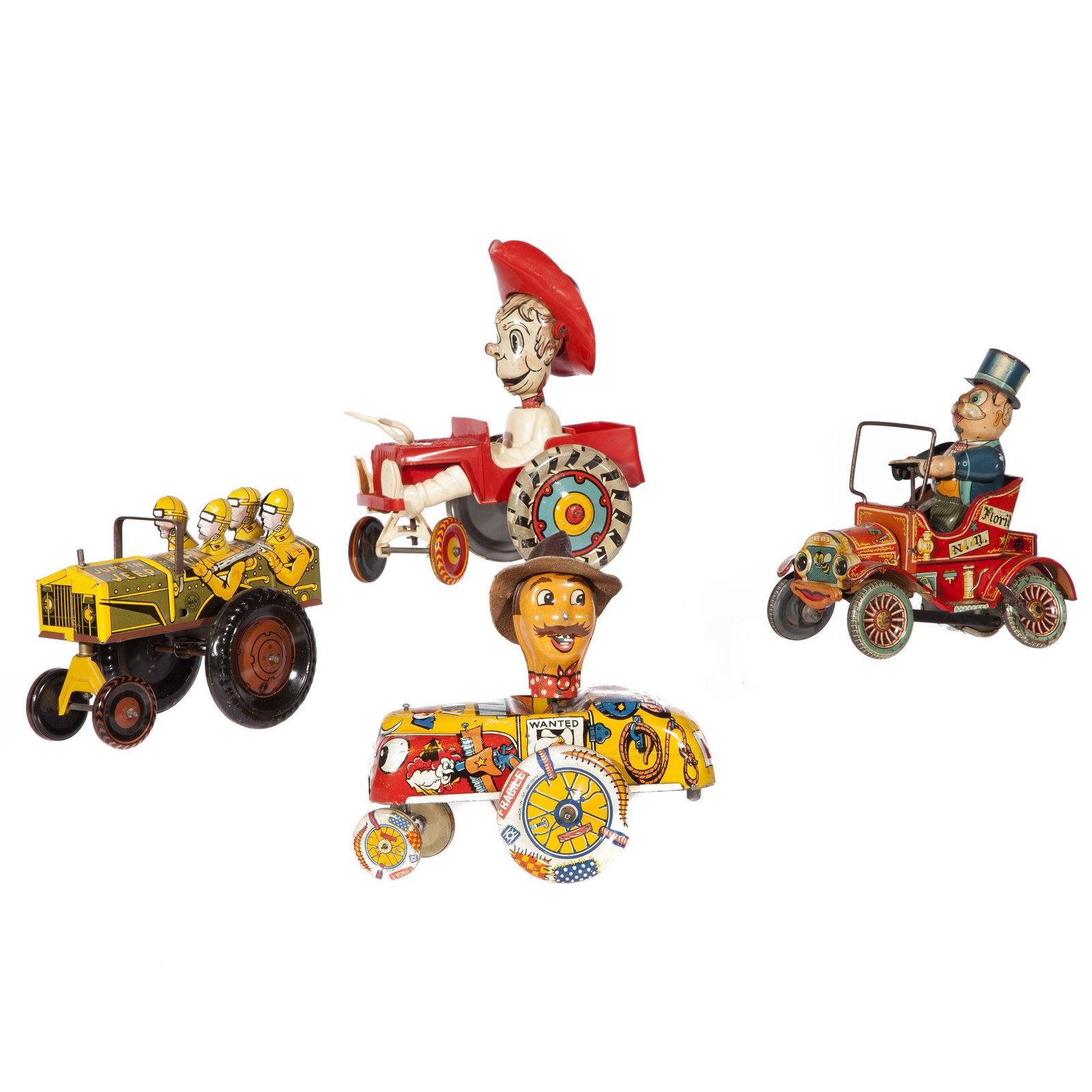 Group of Four Car Theme (Great Britain and other) Toys: Wind up wheeled toys, 'Jumpin Jeep' Marx, 'Crazy Cowboy' made in G.T. Britain, Marx Cowboy in driving in red hat, and 'Grand-Pa's New Car', 'Bong!' made in Japan. Largest 'Crazy Cowboy' measures 6 1/4