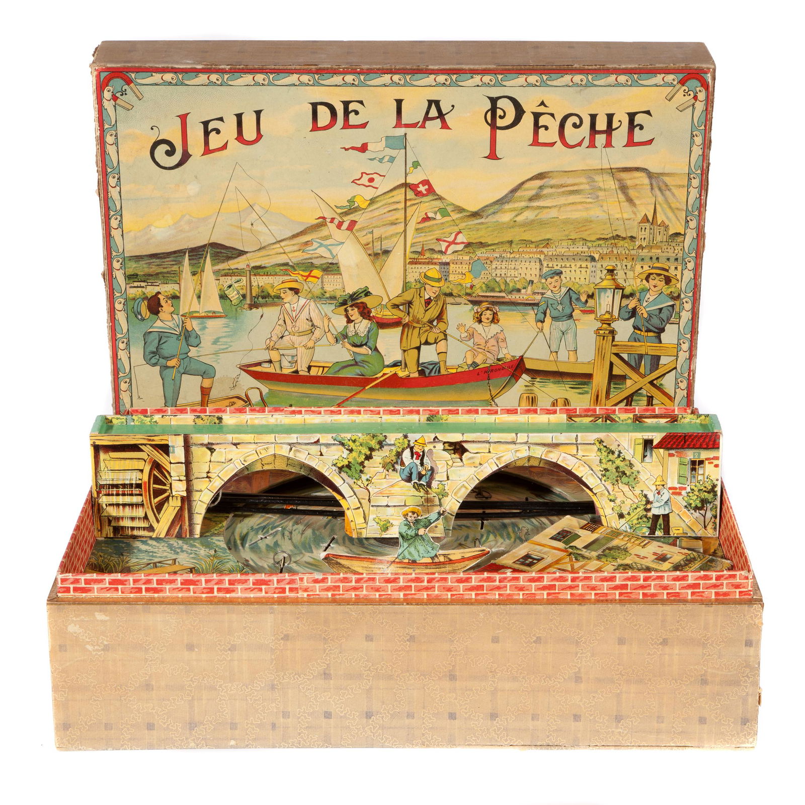 Jeu De La Peche - Mechanical Fishing Game: Sticker on bottom:Â 'The White House' Toys, San Francisco, Cal. (1900s department store) . Game in box, 'Jeu de la Peche' withÂ imageryÂ on lid. Inside is a scene with wind up pond and bridge. i