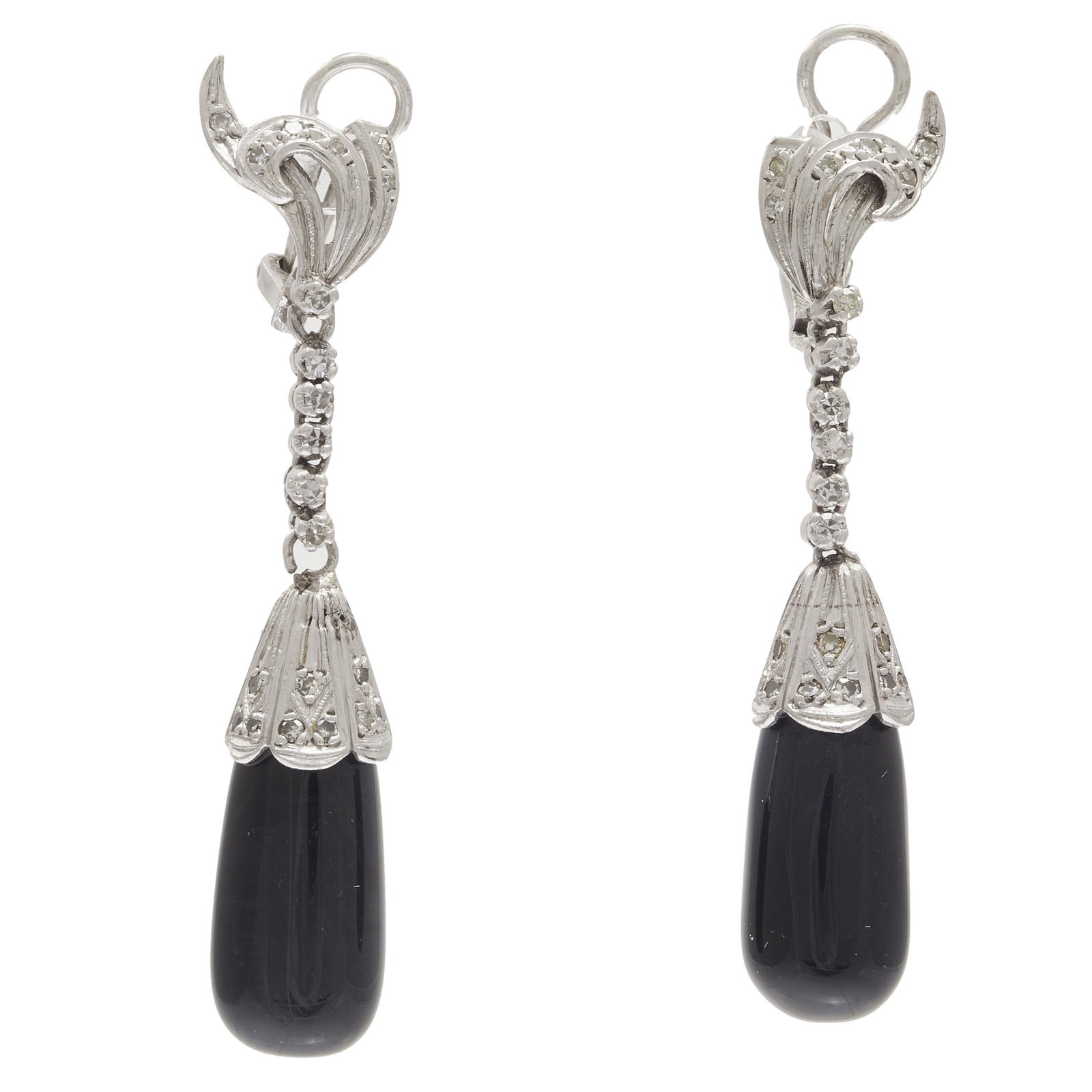 Pair of Diamond, Cat's Eye Diopside, Silver Earrings: Each featuring one cat's eye diopside drop, accented by nineteen single-cut diamonds weighing a total of approximately 0.19 cttw., set in an articulated silver mounting forming earrings measuring appr