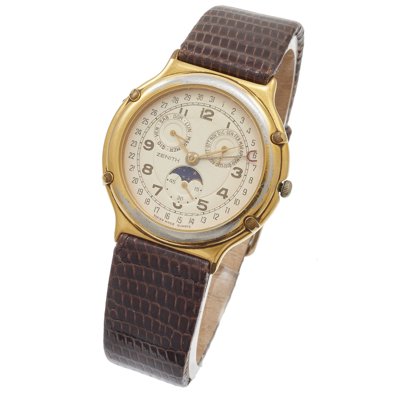 Zenith Chronograph, Gold Plated Quartz Wristwatch: DIAL: Round, cream, Arabic numeral hour markers, black Arabic outer minutes track, gold-tone dauphine hands, gold-tone and red sweep seconds, subsidiary month, day, and moonphase dials, Zenith, Swis