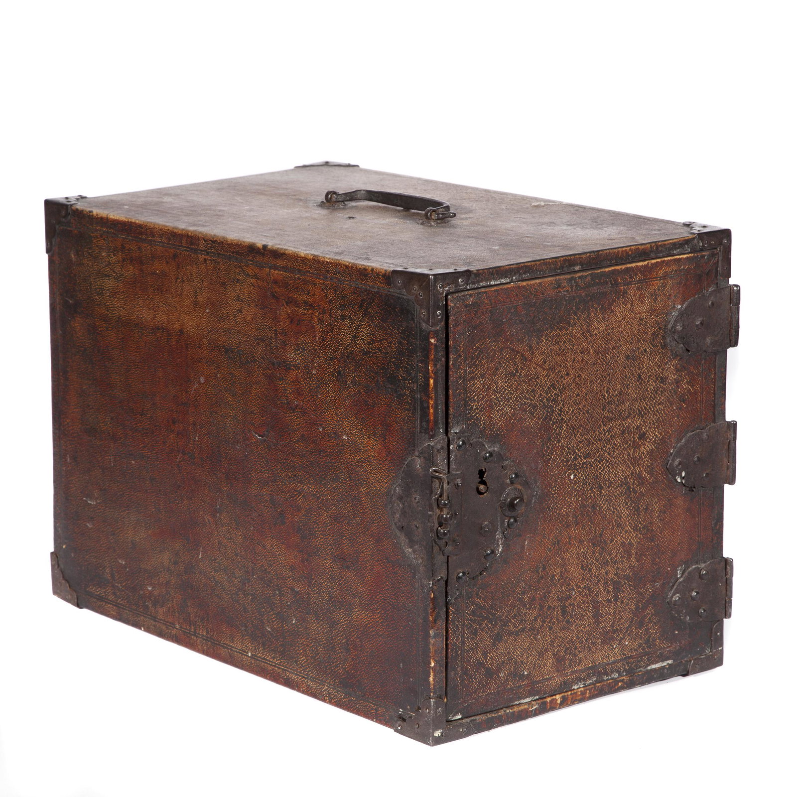 Japanese Ship Captain's Tansu, 19th Century: With iron fittings and leather panels throughout. 12 1/4 x 10 5/8 x 17 1/2 inches Condition: Age wear, lacking key and locked.