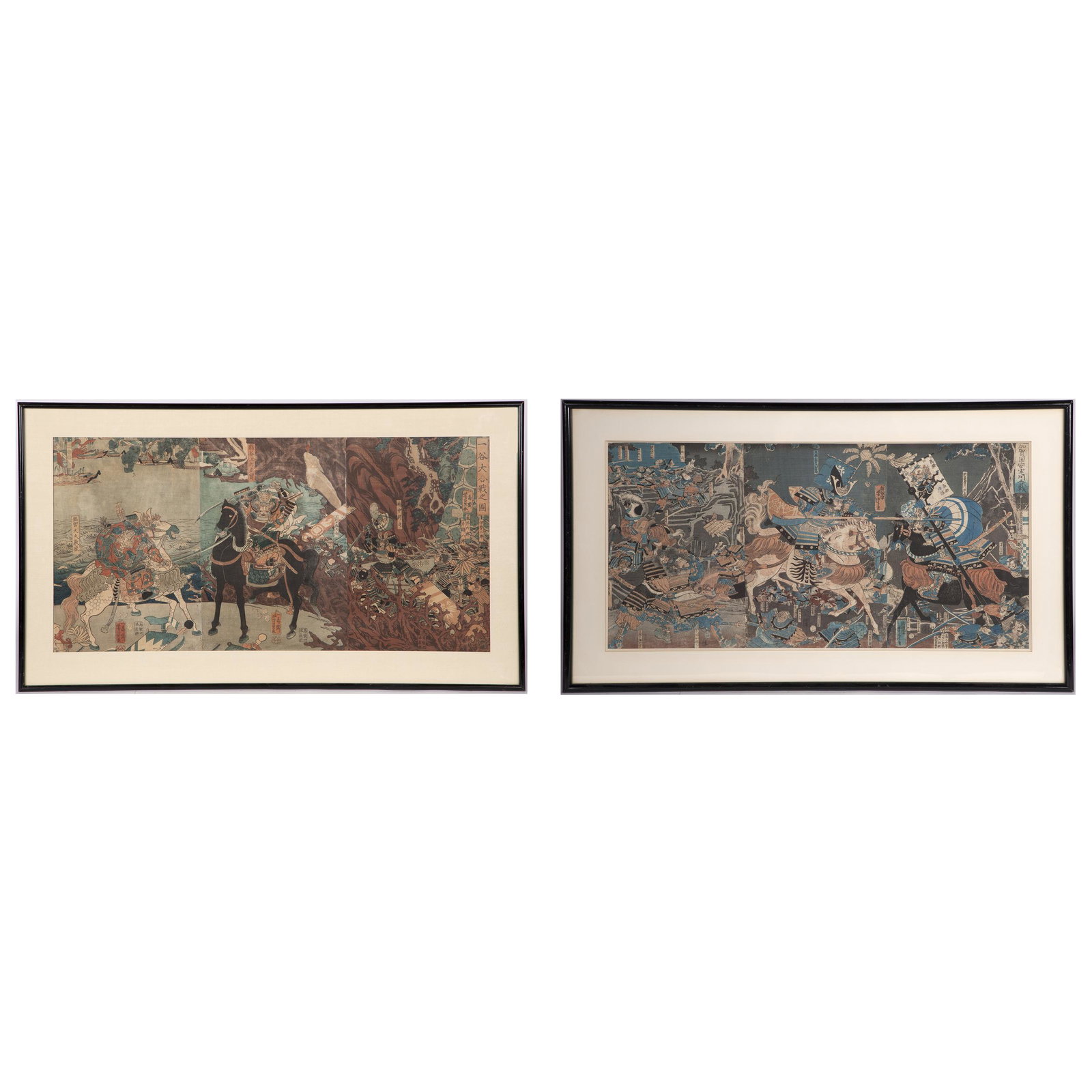 Two Sets of Tryphtch Woodblock Prints: Utagawaa Yoshikazu, (fl. 1850-1870) and Utagawa Yoshitora aka Mosai (active ca. 1850-1880), framed and glazed. 13 3/4 x 27 3/4 and 14 x 29 inches