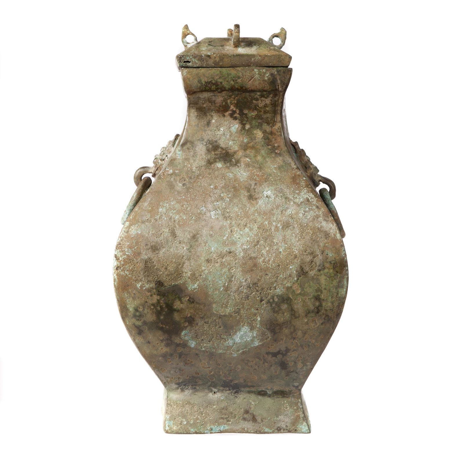 Bronze Square Hu Vase and Cover: Of square baluster form with twin taotie mask handles, the cover with a set of four looped finials. Height: 11 3/4 inches Condition: Overall wear, minor losses.