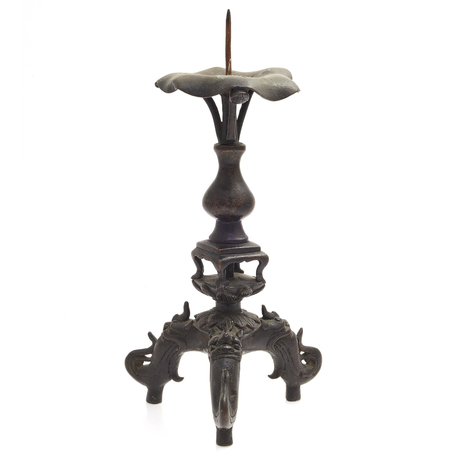 Bronze Candlestick, Ming Dynasty: Cast as a vase issuing lotus and resting on a footed stand further resting on a three beast-head feet. Height: 13 1/2 inches Condition: Overall wear, small losses.