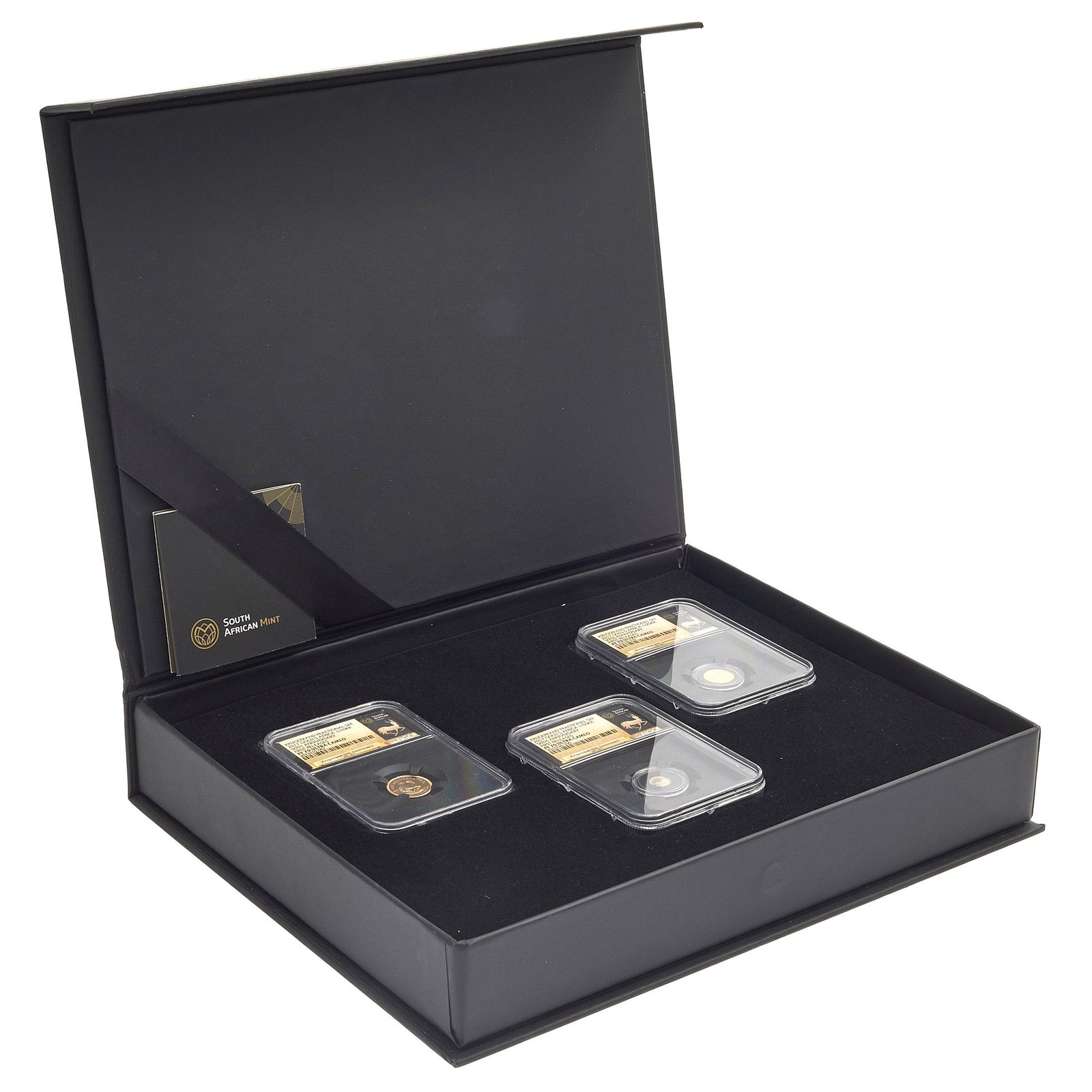 2017 South Africa Fractional Krugerrand Three Gold Coin: 2017 South Africa Fractional Krugerrand Three Coin Set, 1/10 Oz, 1/20 Oz, 1/50 Oz, 22k, NGC PF 70 Ultra Cameo, in fitted box with certificate of authenticity.