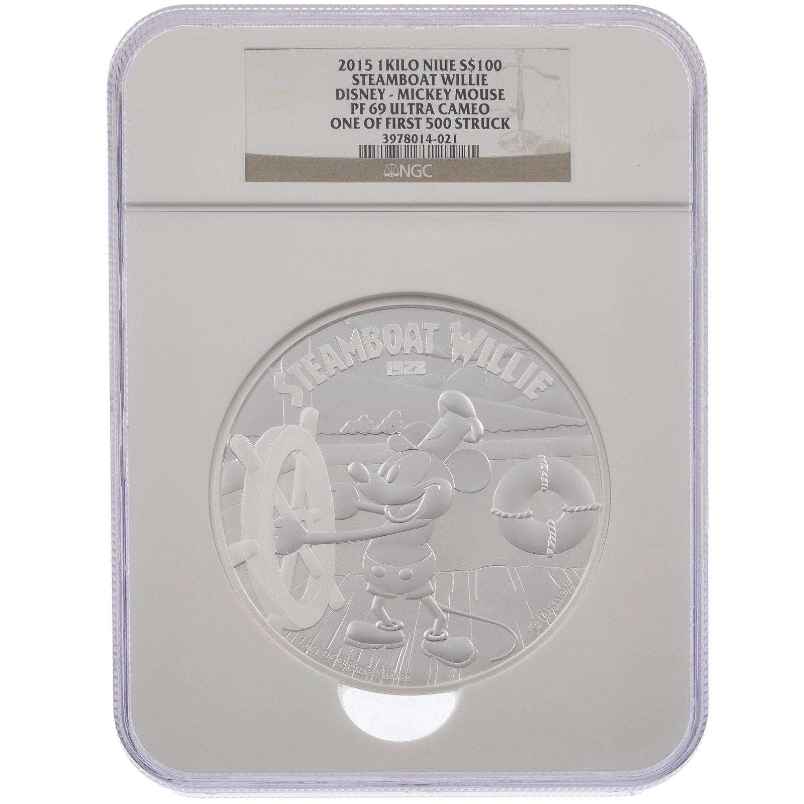 2015 1 Kilo Niue $100 Disney Steamboat Willie PF 69: 2015 Canada, 1 Kilo 0.999 silver, $100 Disney Steamboat Willie, reversing to Mickey Mouse, NGC PF 69, Ultra Cameo, one of first 500 struck.