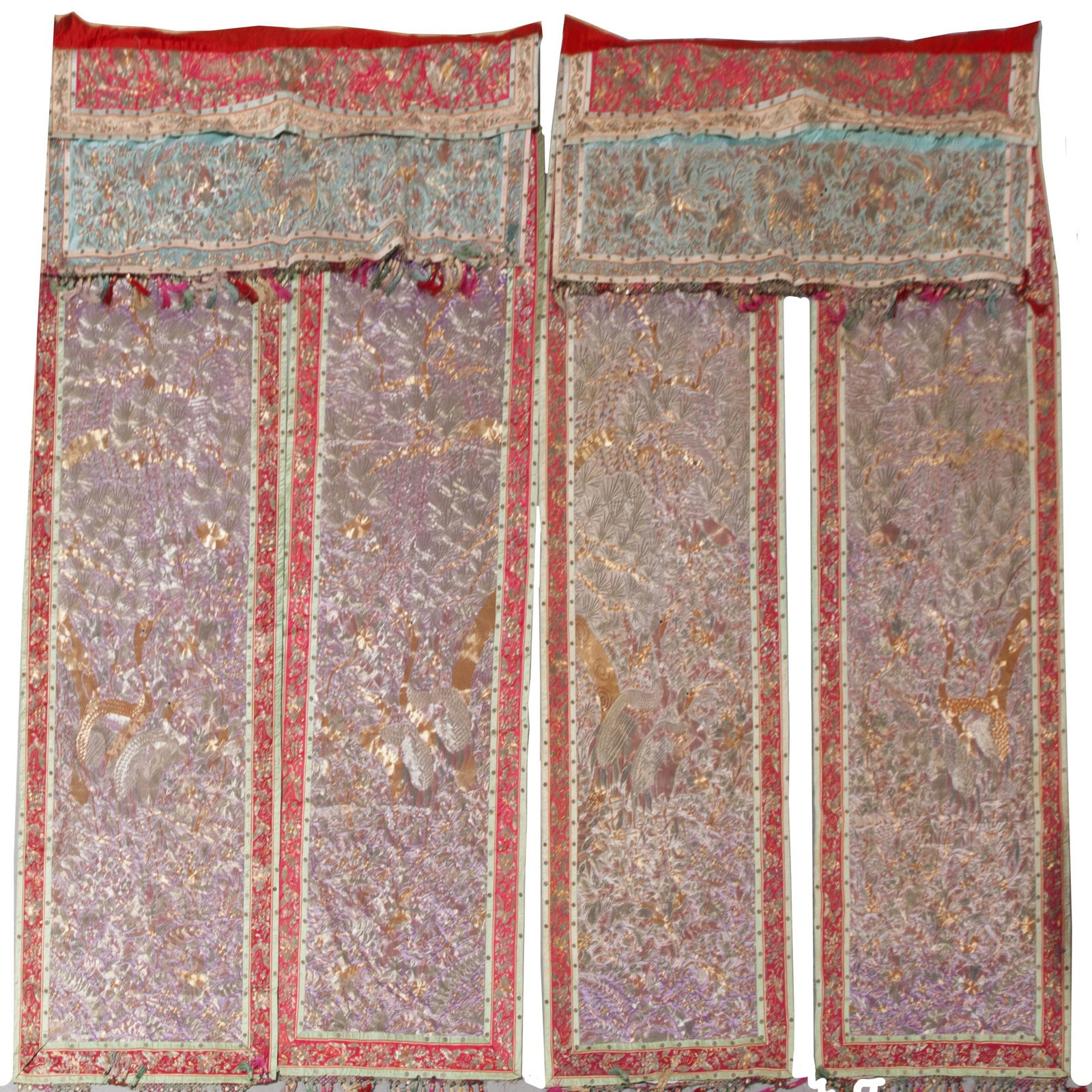 Pair of Large Embroidered Silk Wall Hangings, 19th (1 of 3)