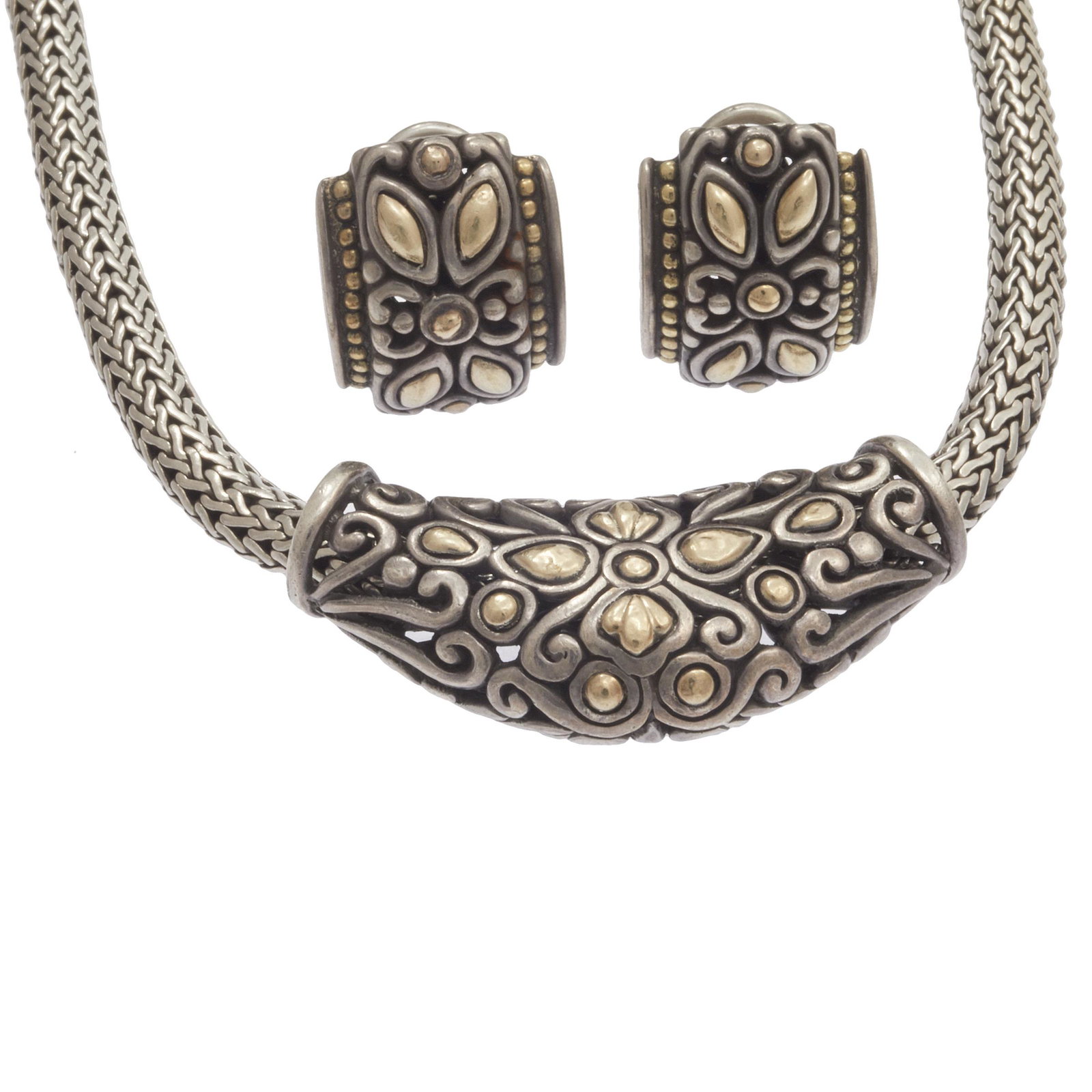John Hardy 18k, Sterling Silver Jewelry Suite: Including one pair of sterling silver and 18k yellow gold rectangular earrings, each measuring approximately 17.9 x 14.0 mm; together with a matching necklace featuring a sterling silver, 18k yellow g