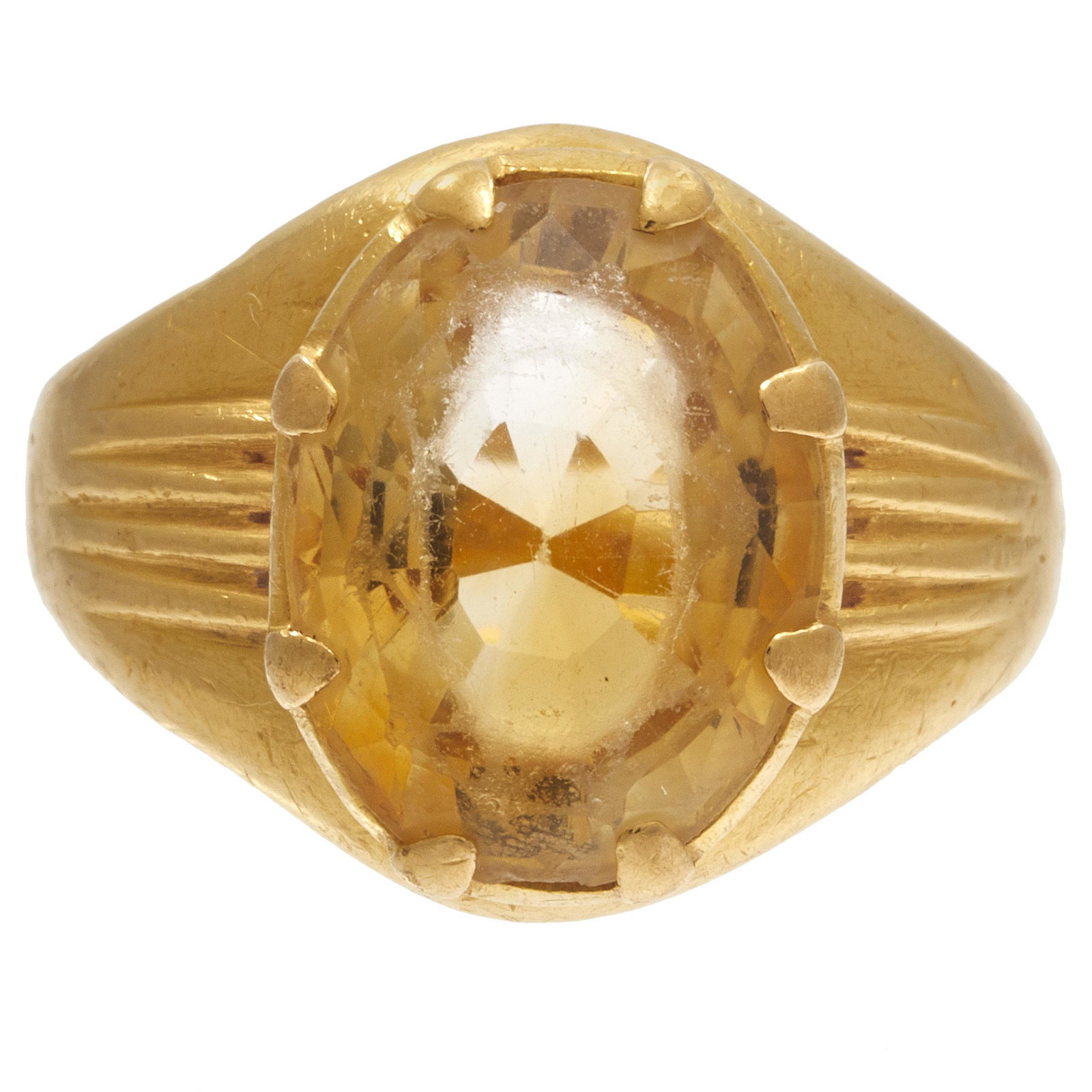 Citrine, 22k Yellow Gold Ring: Centering one oval-cut citrine weighing approximately 6.64 cts., set in a 22k yellow gold ring mounting, size 5 1/2. Gross weight: 8.2 grams.