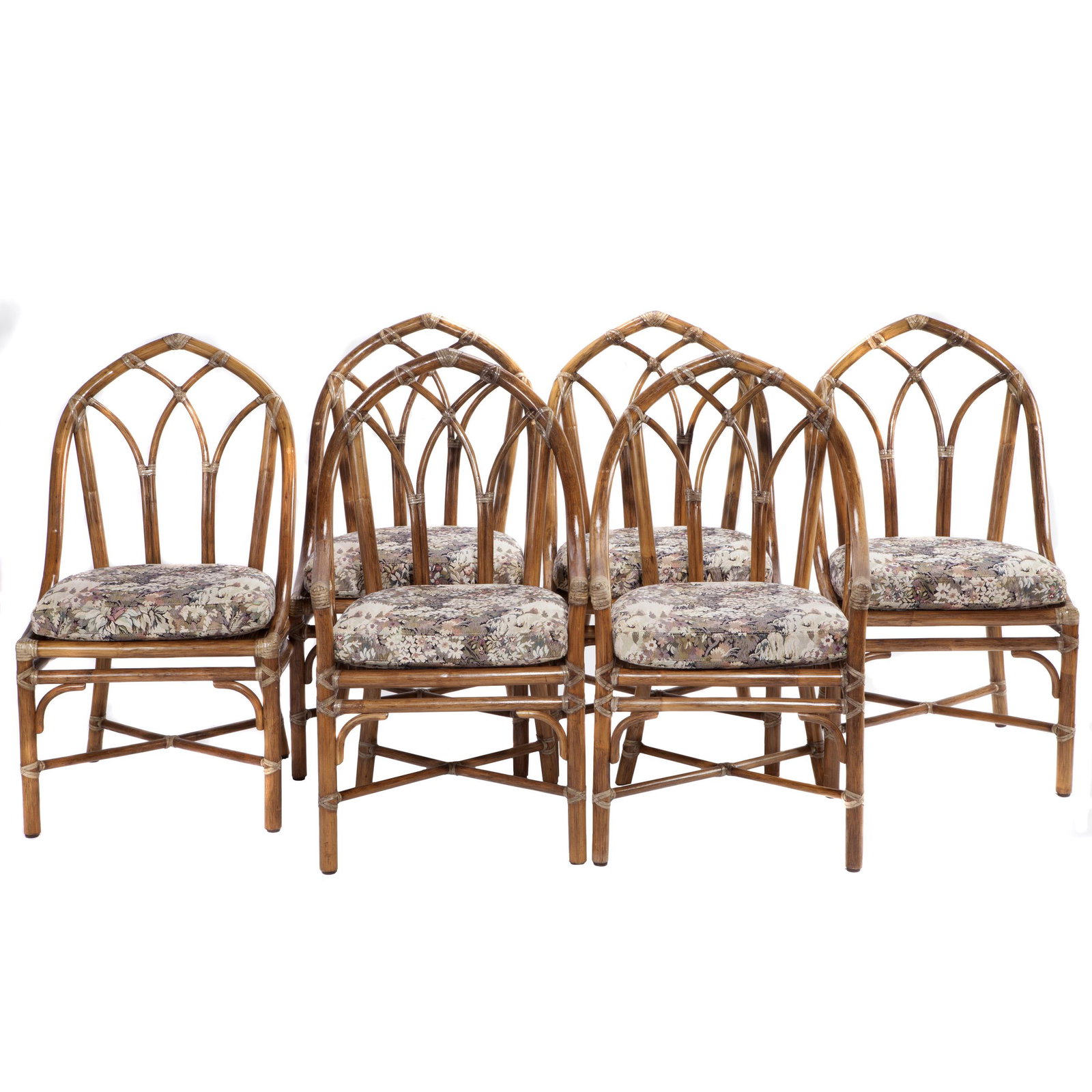 Six McGuire Dining Chairs: Each with Gothic arched back. 38in. (96cm) h. 19in. (48cm) w. 18in. (46cm) l.