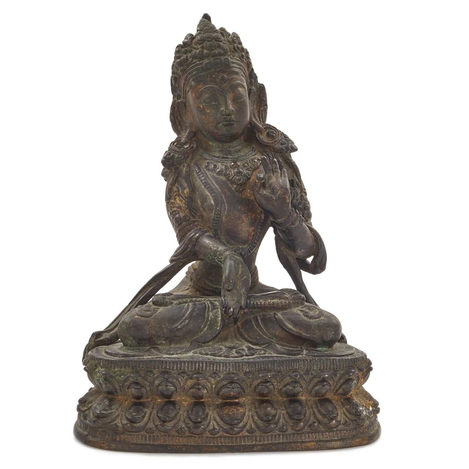 Sino-Tibetan Gilt Bronze Figure of Manjushri, 17th: Cast seated on a double-lotus pedestal with legs crossed in dhyanasana, her right hand extended in varada mudra and her left in vitarka mudra. Height: 8 1/4 inches Condition: Extensive wear to the gil