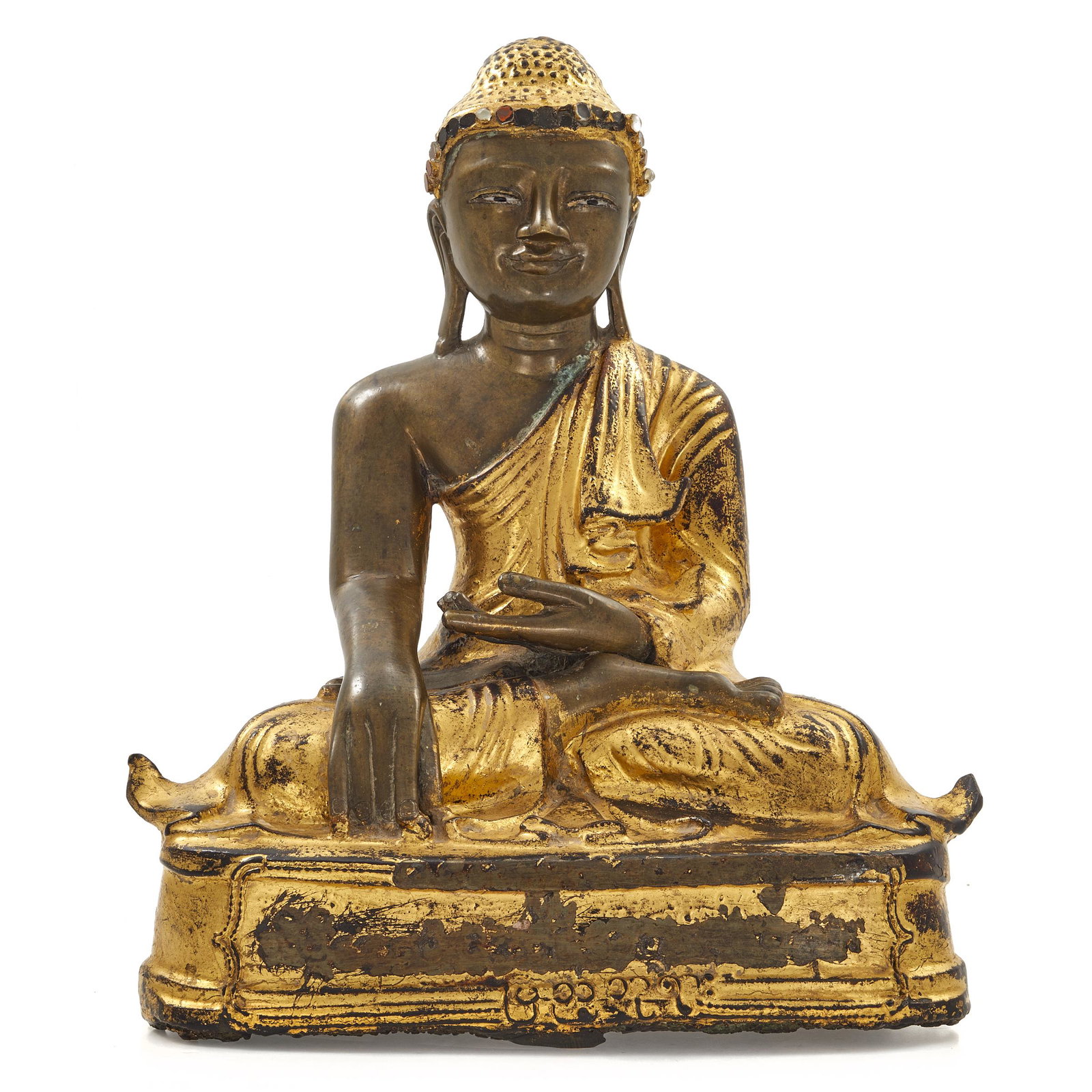 Burmese Gilt Lacquered Bronze Buddha, Late 19th/Early: Shown seated in Bhumisparsha mudra, covered in gold lacquer and decorated with inlaid eyes, and glass inlaid headband. Height: 12 1/8 inches Condition: Wear to the gilding and lacquering, losses to th