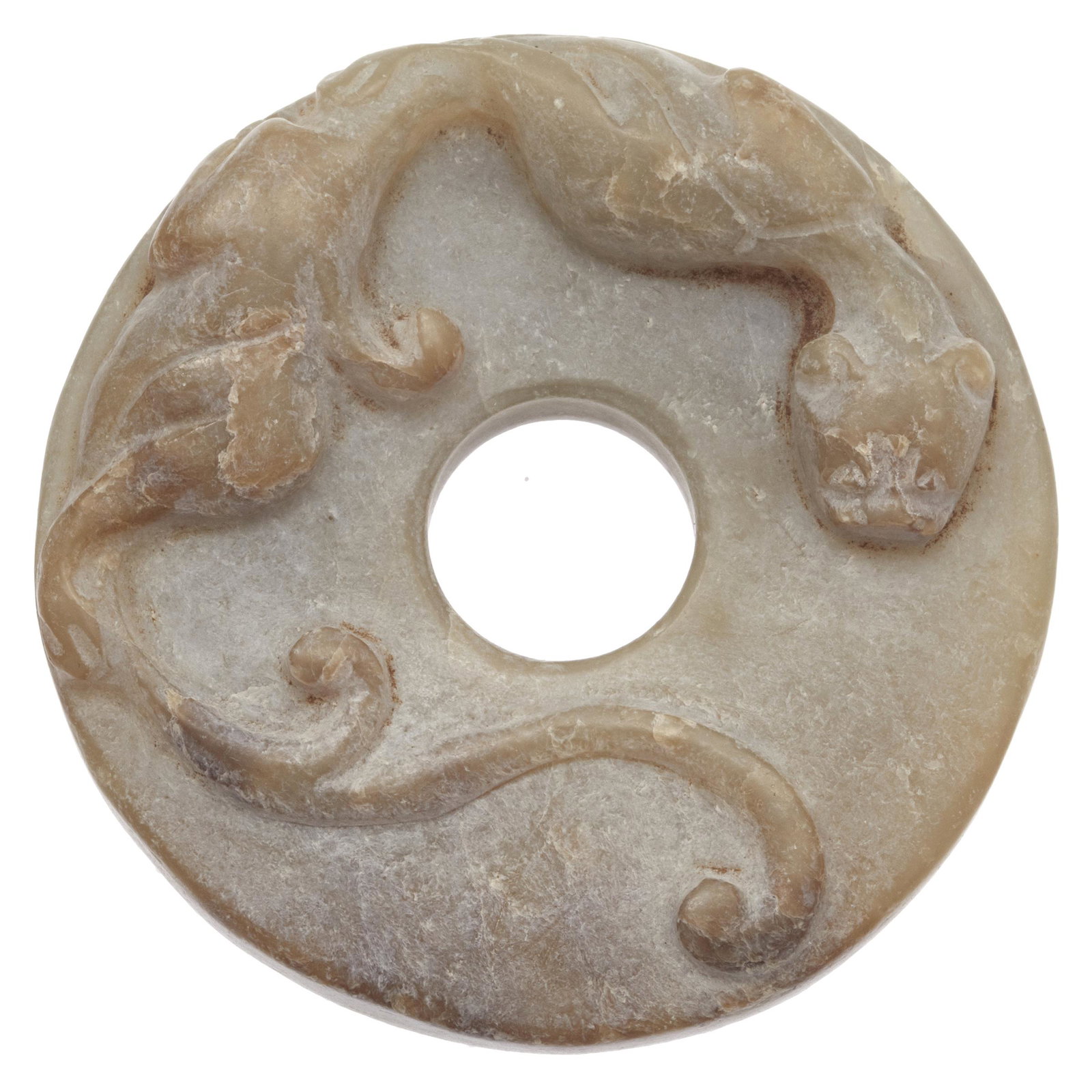 Jade Bi Disc, Ming Dynasty: With central aperture, one side carved with a raised chilong dragon, the other side with raised boss ground. Diameter: 2 inches Provenance: Filia Oriental Arts & Antiques, San Francisco, circa 1972.