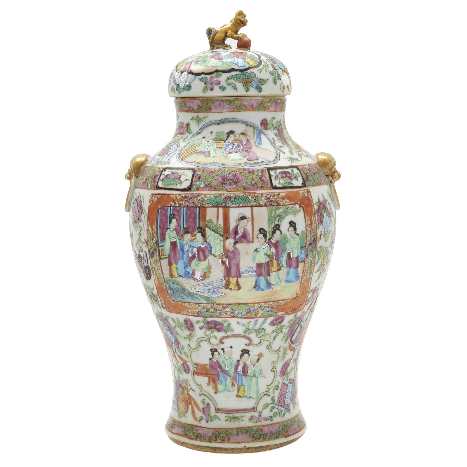 Canton Rose Medallion Covered Jar, 19th Century: The exterior with panels enclosing typical narrative scenes and bird and flowers, all on a gilt ground with fruit, flowers and insects, gilt-decorated beast masks to the shoulder. Height: 16 inches Co