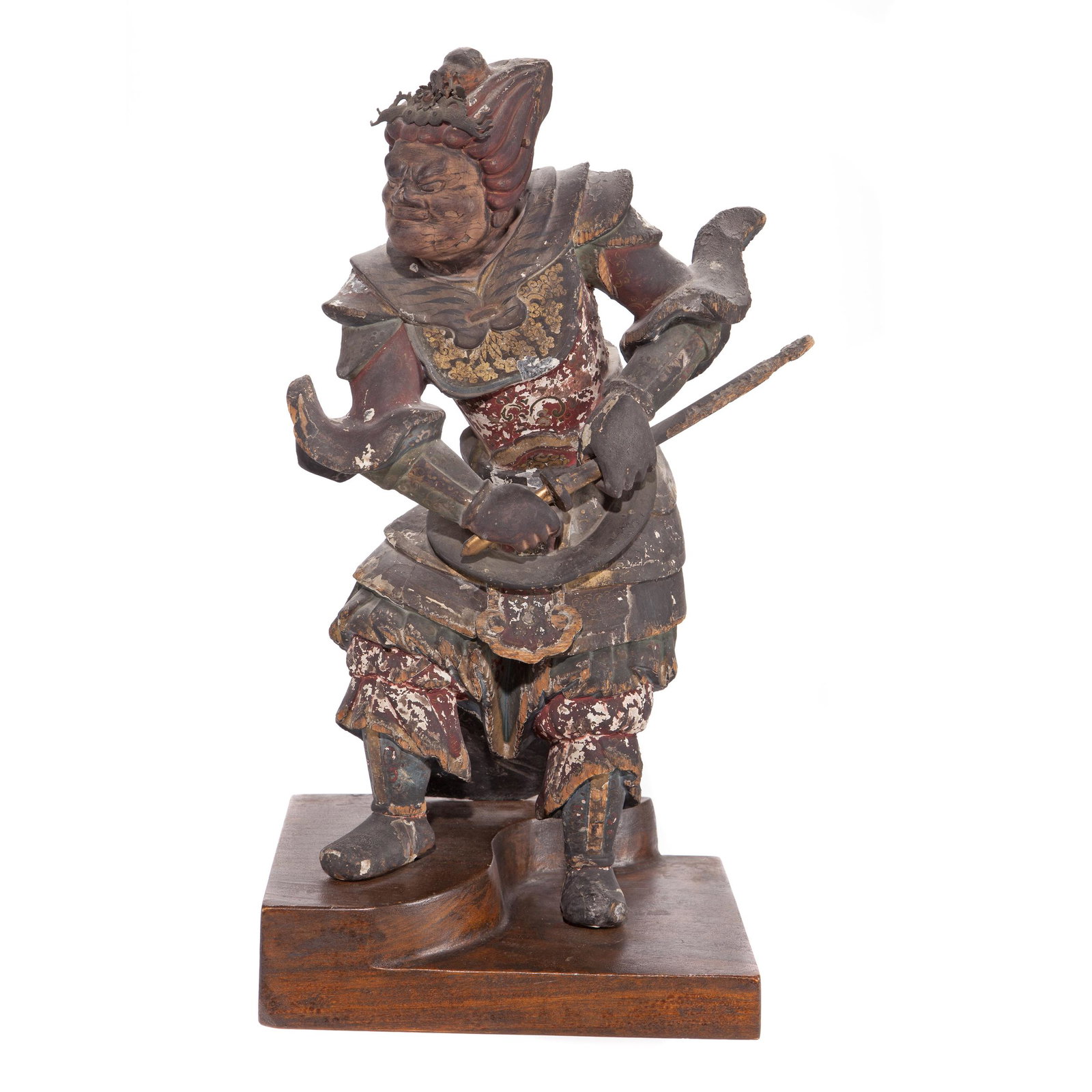 Japanese Polychromed Wood Guardian Figure, Edo Period: Skillfully cared to depict the heavenly figure standing with sword in hands. Height: 15 1/8 inches Condition: Pigment and lacquer losses.