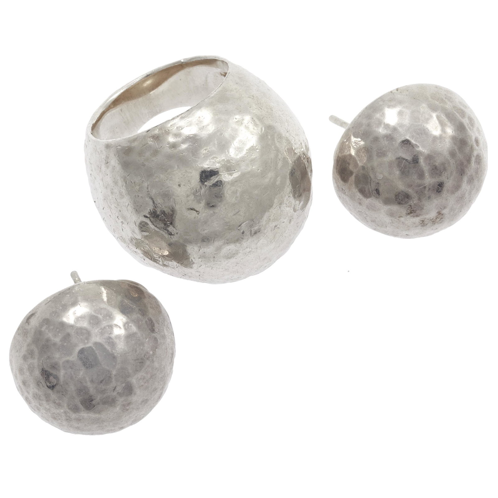 Ippolita Sterling Silver Jewelry Suite: Including one sterling silver domed ring with hammered finish measuring approximately 25.0 mm, size 7; together with a pair of matching earrings, each measuring approximately 20.5 mm. All signed Ippo
