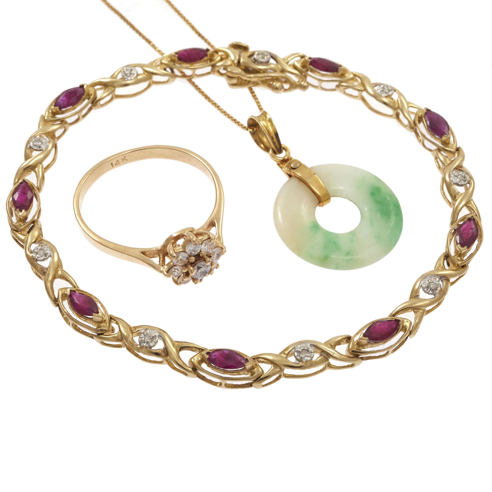 Collection of Diamond, Ruby, Jade Gold Jewelry Items: Including a bracelet featuring nine single-cut diamonds weighing a total of approximately 0.045 cttw., accented by nine marquise-cut rubies weighing a total of approximately 1.08 cttw., set in a 10k y