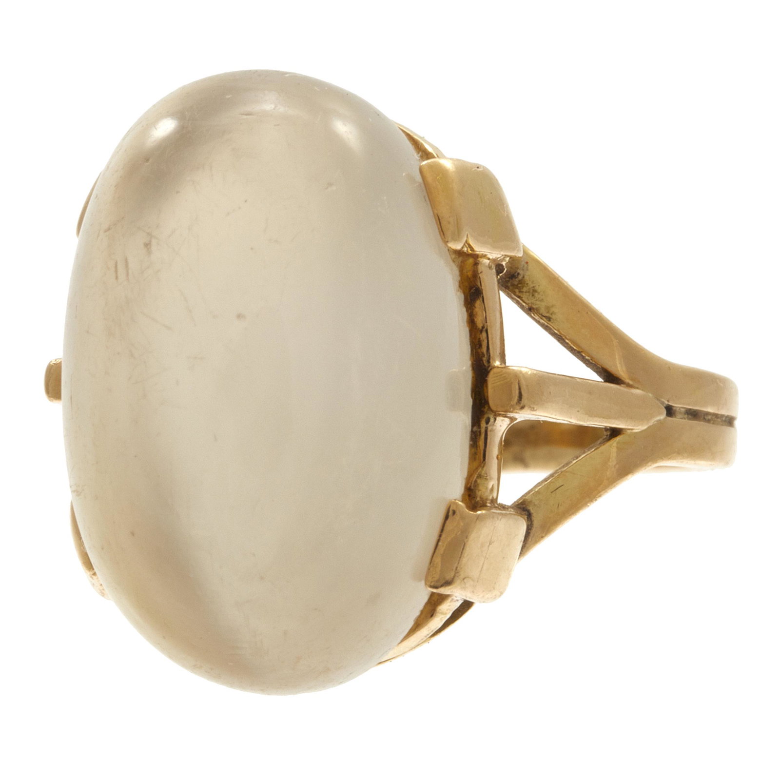 Moonstone, 18k Yellow Gold Ring: Featuring one oval moonstone cabochon measuring approximately 17.0 x 11.0 x 8.4 mm, set in an 18k yellow gold ring mounting, size 5 3/4. Gross weight: 7.1 grams.