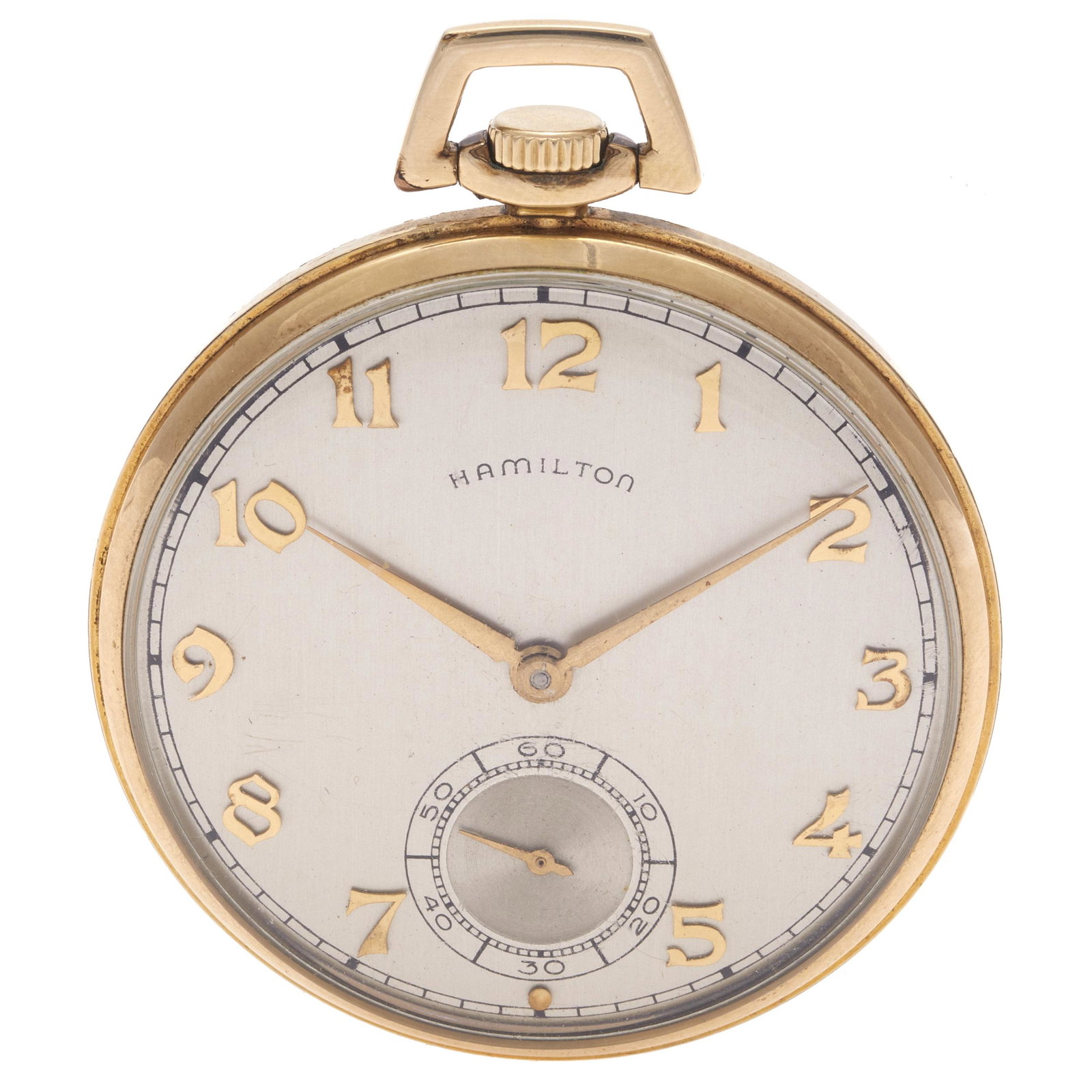 Hamilton Gold-Filled Pocket Watch: DIAL: Round, silvered, applied gold Arabic hour markers, gold dauphine hands, subsidiary dial at 6 o'clock, Hamilton. MOVEMENT: Manual wind and set, seventeen (17) jewels, #X122391, 917,10s. CASE: Rou