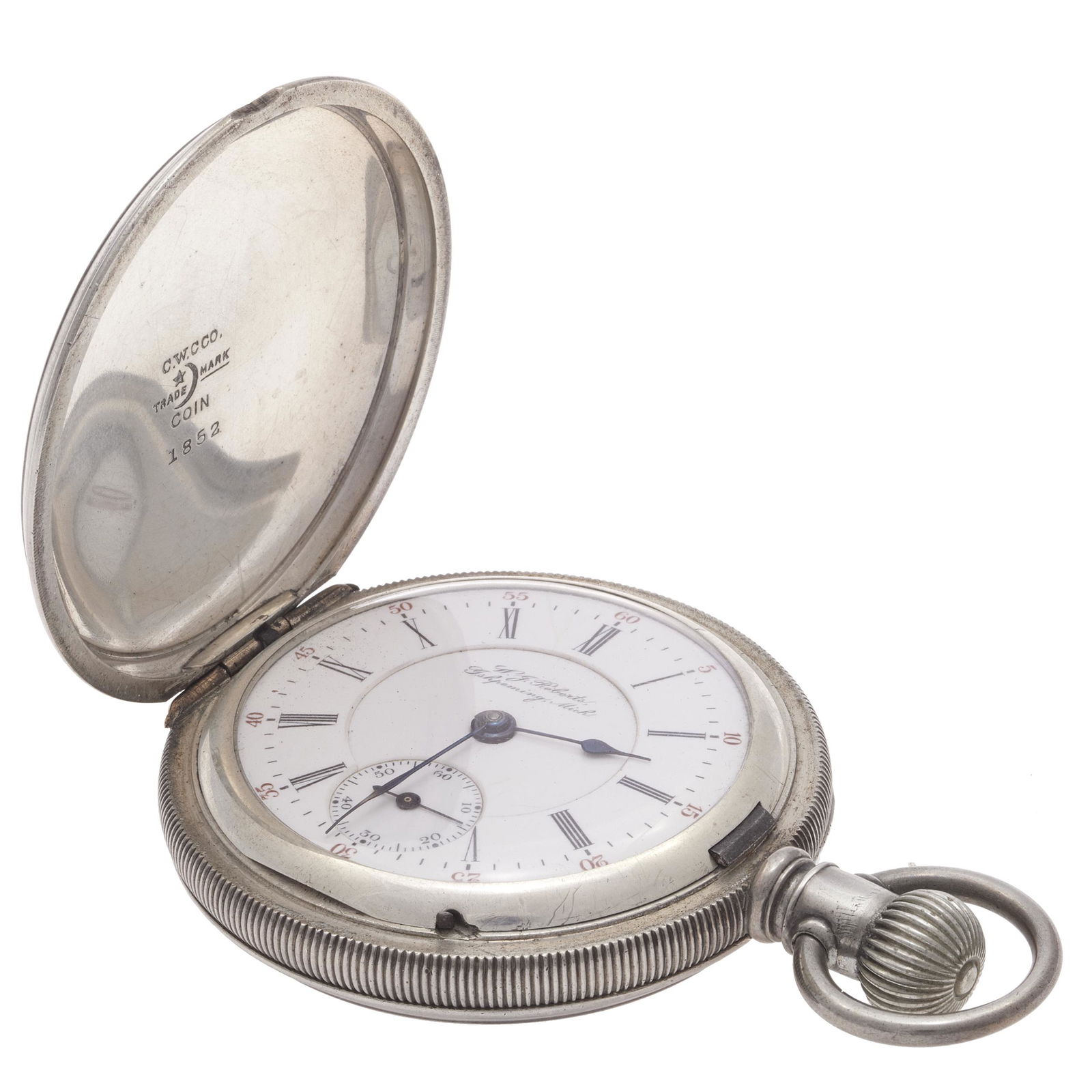 W.G. Roberts Coin Silver Hamilton Pocket Watch: DIAL: Round, white, black Roman and red Arabic numeral hour markers, a double sunken subsidiary seconds dial at 6 o'clock, blue spaded hands, W.G. Roberts, Birmingham, Mich. MOVEMENT: manual wind, le