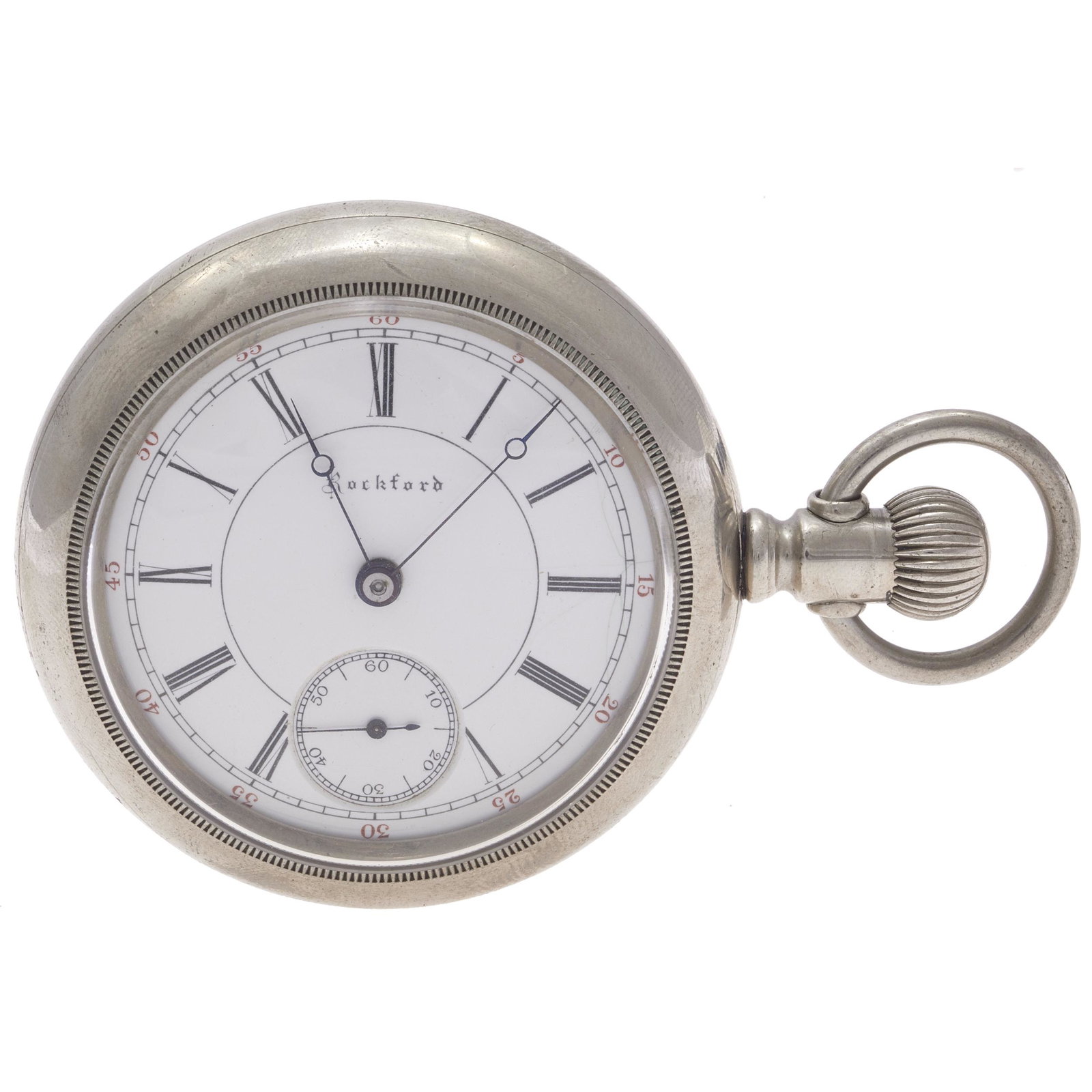 Rockford Pocket Watch: DIAL: Round, white, black Roman and red Arabic numeral hour markers, a sunken subsidiary seconds dial at 6 o'clock, blue brequet hands, Rockford. MOVEMENT: manual wind, lever set, seventeen (17) je