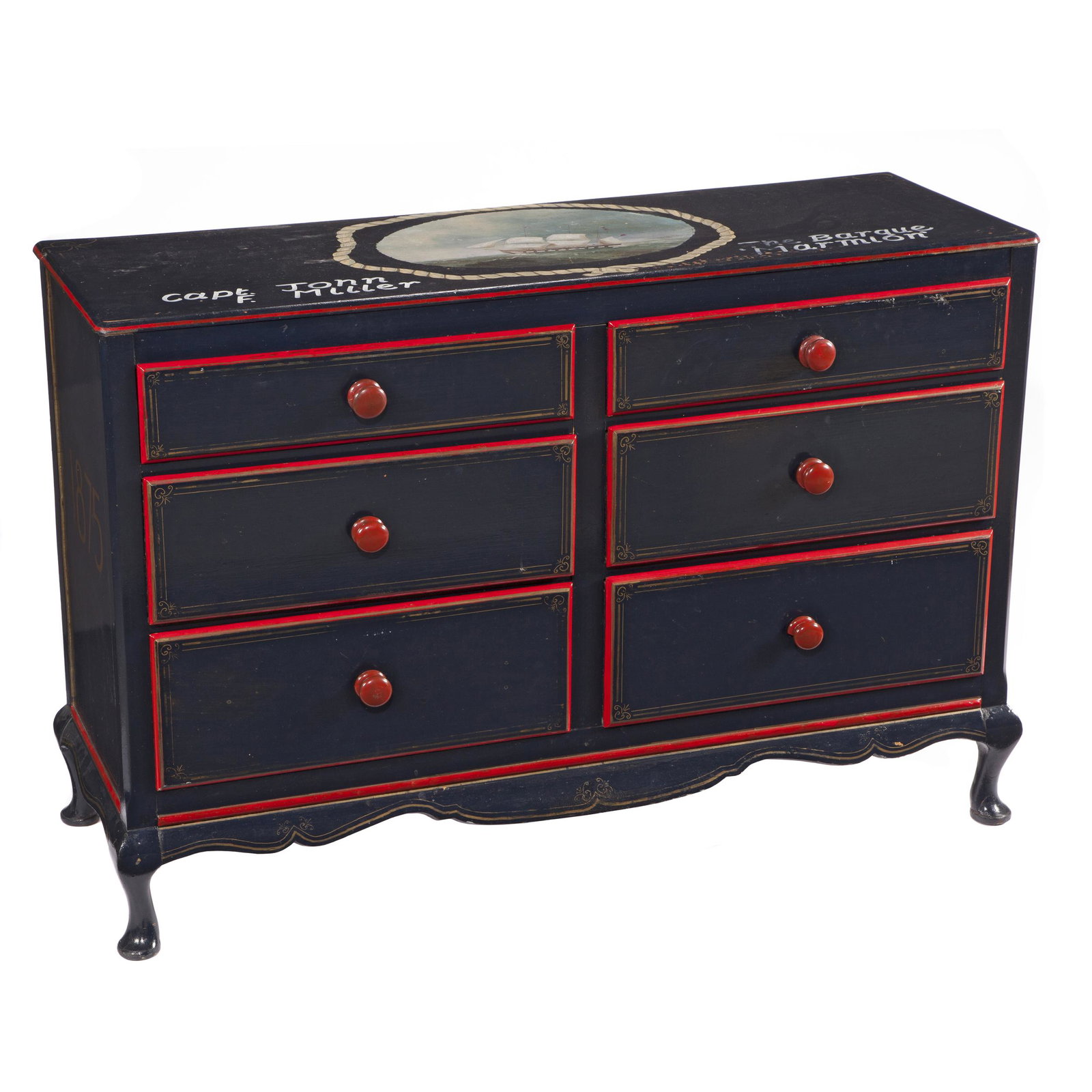 Victorian Nautical Theme Chest of Drawers: Third quarter 19th Century. The rectangular top decorated with a painting of the Barque Marmion at sea within a rope twist band, inscribed 'Capt. John F. Miller, the Barque Marmion. The sides inscri