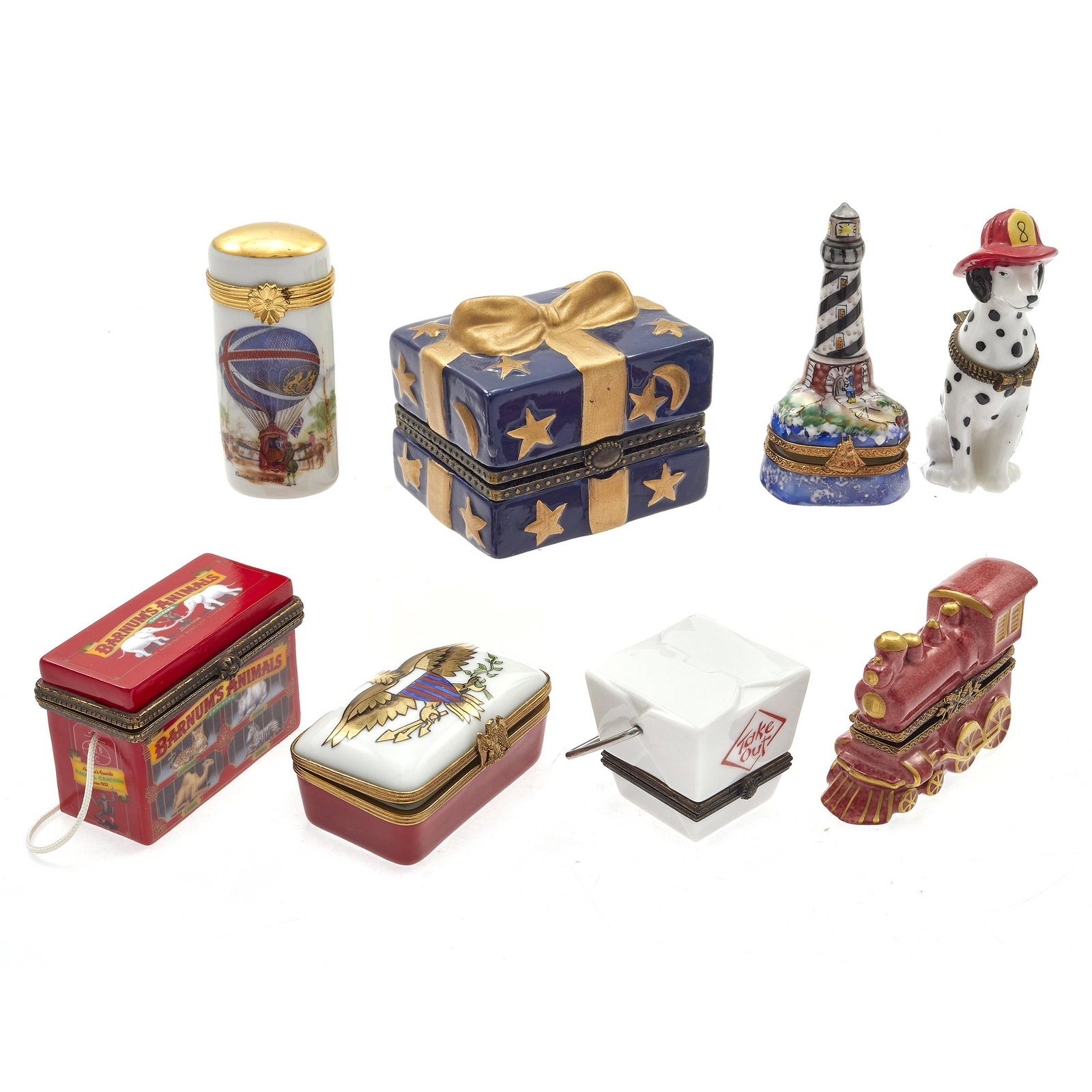 Collection of Limoges Boxes: Including a Lighthouse, Firehouse Dalmatian, Take Out box and Animal Cracker box. Eight boxes. Greatest height 3in. (8cm)