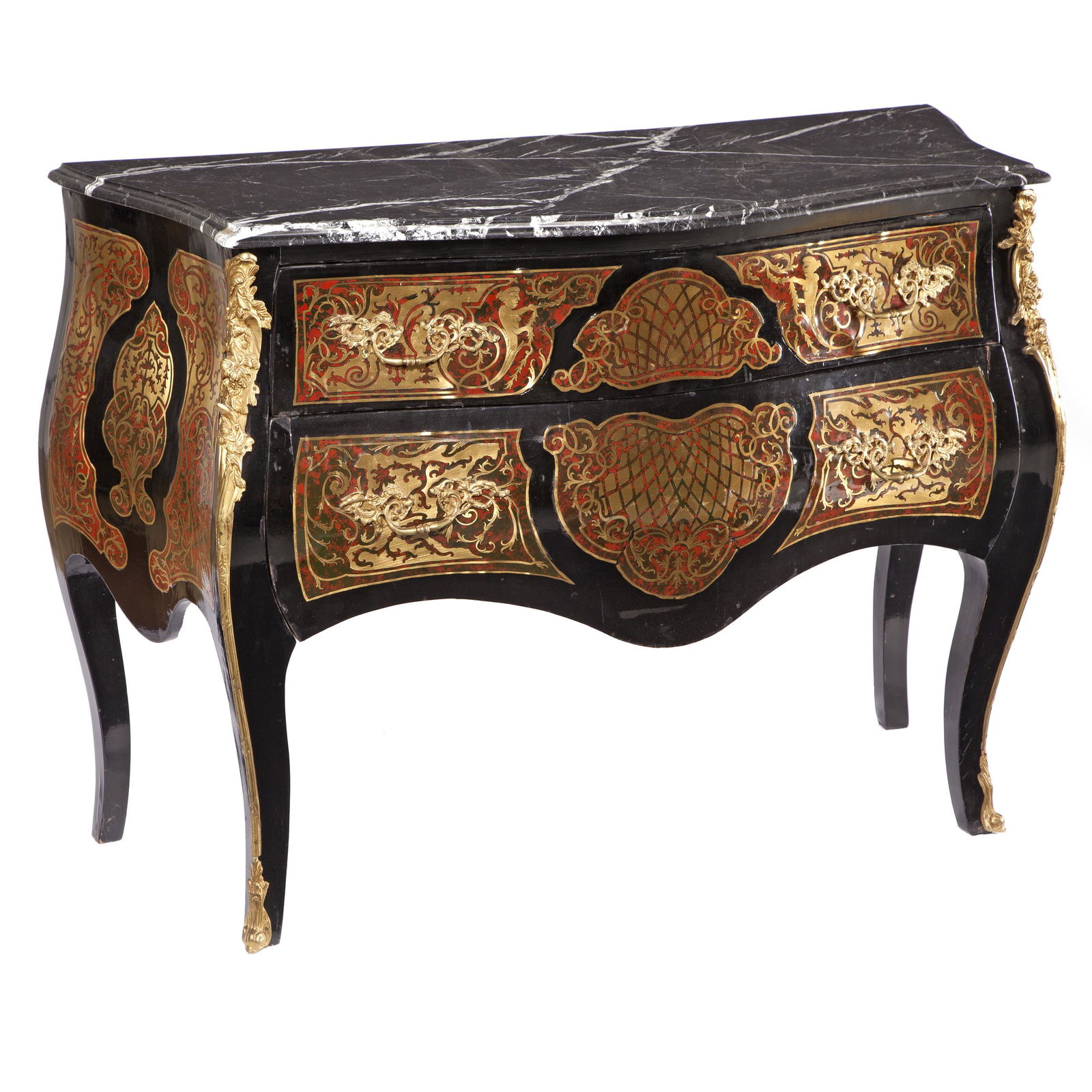 A Louis XV Boulle Work Style Commode: Surmounted by a white veined black marble top the two drawer bombe form commode gilt and faux tortoise decorated in the manner of Andre-Charles Boulle raised on gilt mounted cabriole legs. 34in. (