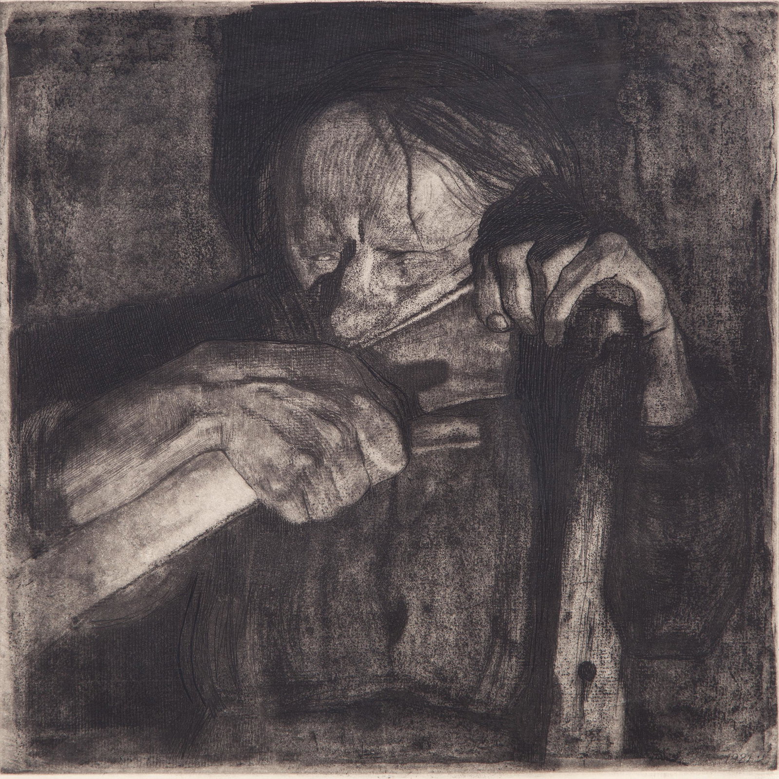 Käthe Schmidt Kollwitz, Sharpening the Scythe: Käthe Schmidt Kollwitz (German, 1867-1945). Sharpening the Scythe. Etching and drypoint. Two-line Berlin Halensee blindstamp lower right. Plate measures 11.75 in. high x 11.75 in. wide (with frame 23