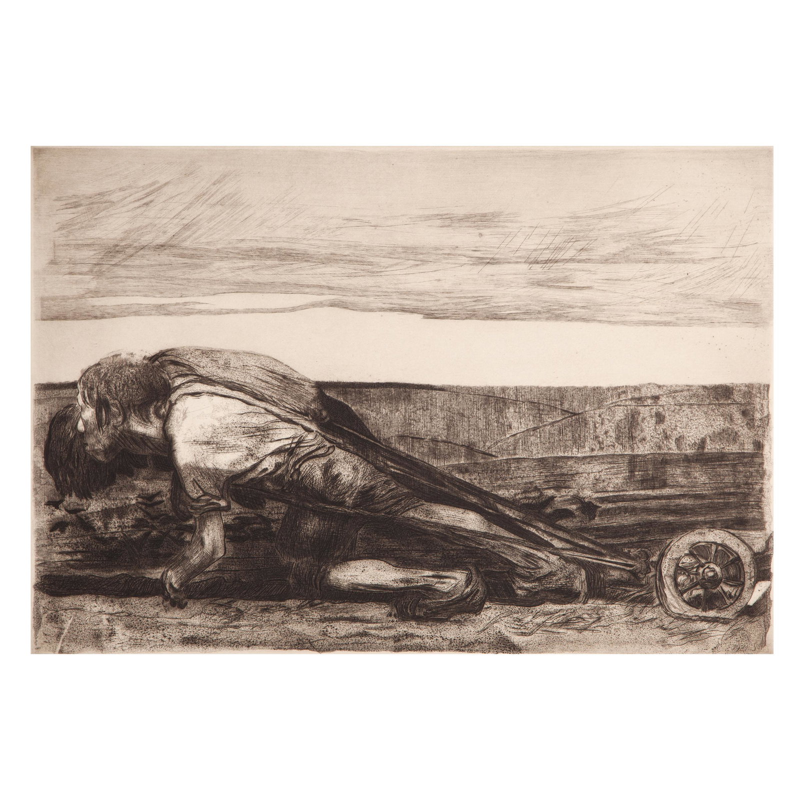 Käthe Kollwitz, Die Pfluger: Käthe Kollwitz (German, 1867-1945). Die Pfluger (The Ploughman) from Peasant;s War, Sheet 1. Line etching drypoint, aquatine, reservage, sandpaper, needle bundle and soft ground etching. Date of Plat